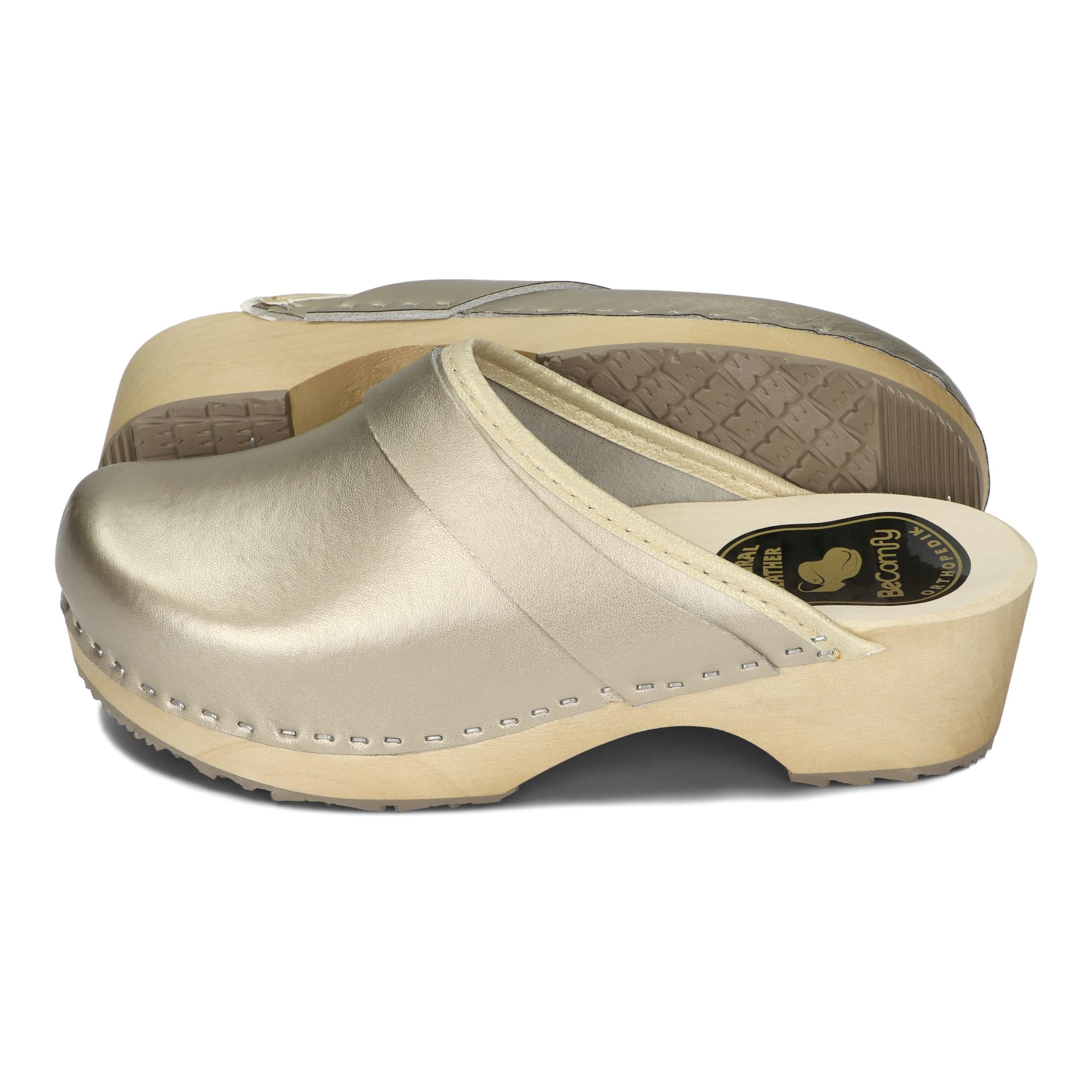 BeComfy Sabots en Cuir pour Femme Mules à Talons en Bois Métallique Or Argent Rouge 35 36 37 38 39 40 41 EU