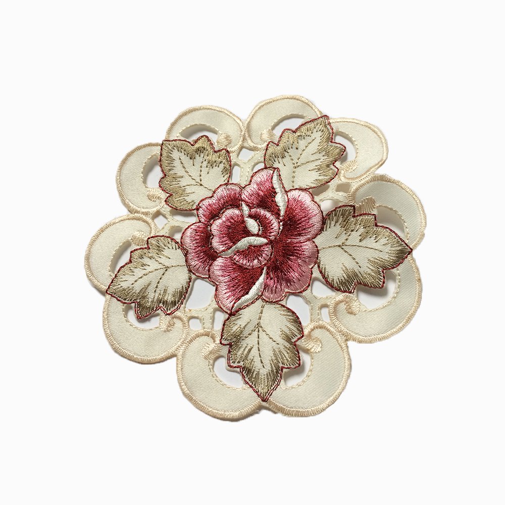 yazi 4pcs Rose Flower Embroidered Round Fabric Cutwork Table Place Mats Set, 15cm