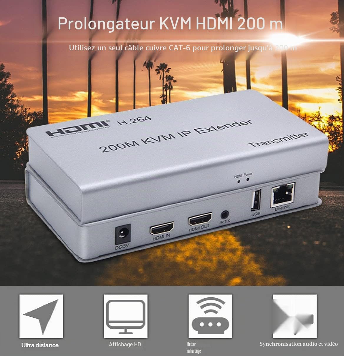 Extendeur IP KVM HDMI 200M, sur IP RJ45 Ethernet CAT6 6A émetteur récepteur 1 TX à 20 RX et connexion en cascade USB clavier souris sur UTP/STP H.264 (TX+RX)