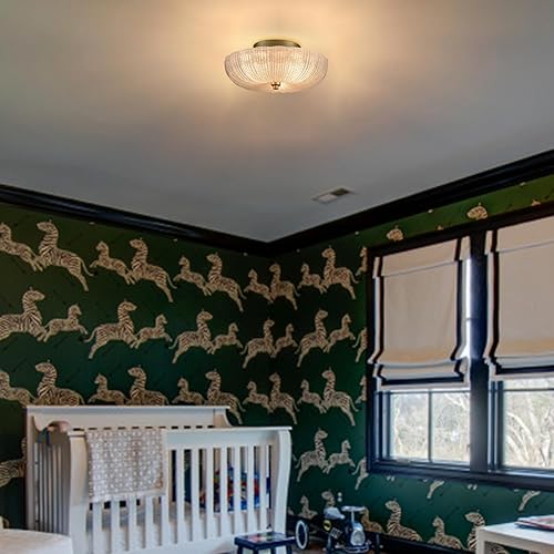 Miniatura 4 de DIRYZON Moderna lámpara de techo de 3 luces, lámparas de techo de latón para pasillo, lámpara de techo semiempotrada con vidrio de arena fina de 12