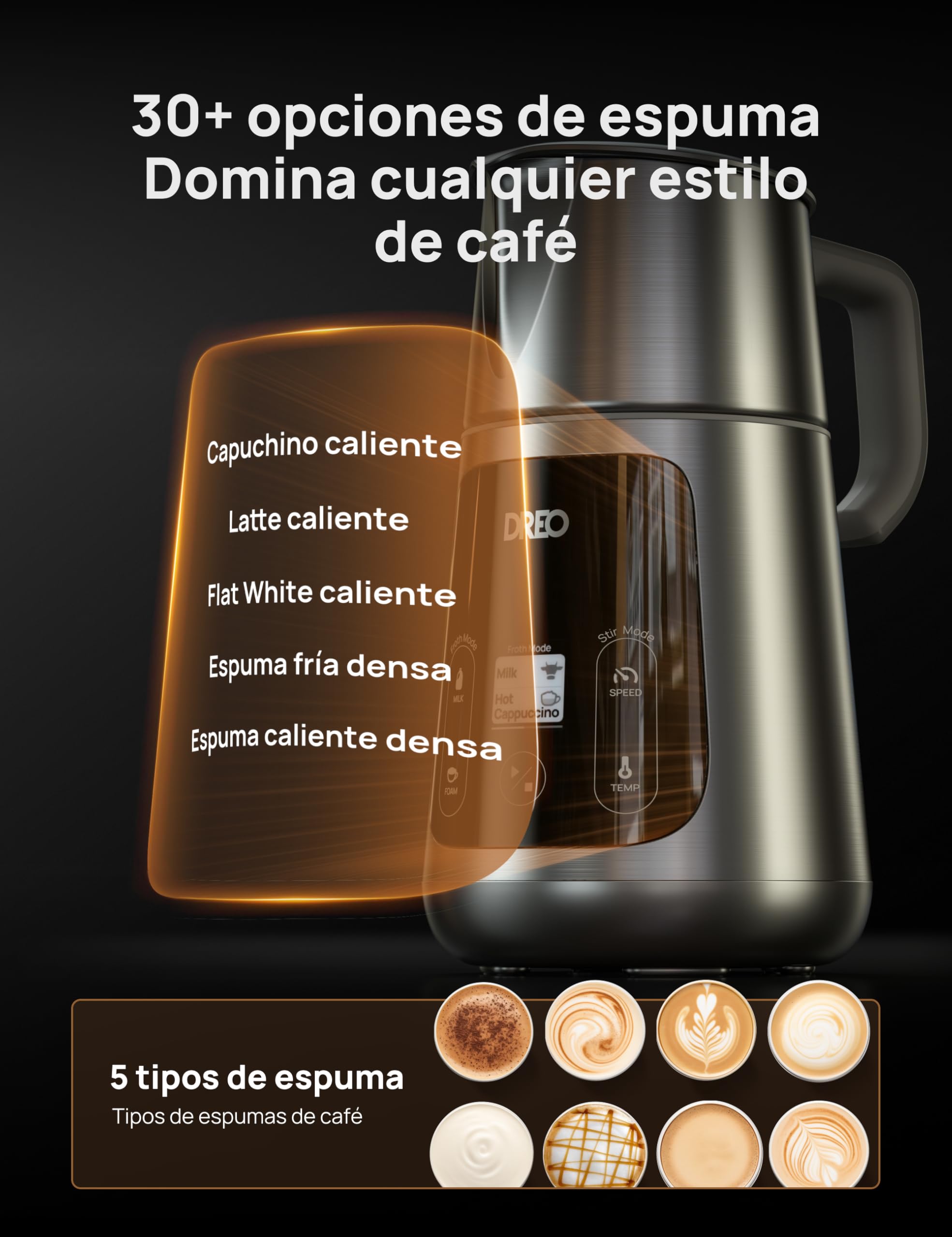DREO Espumador de Leche Todo en Uno, Creador de Espuma Automático para Microespuma de Nivel de Arte en Latte y Café Caliente/Frío, Calentador de Leche Eléctrico de 27oz/800ml con más de 30 Bebidas