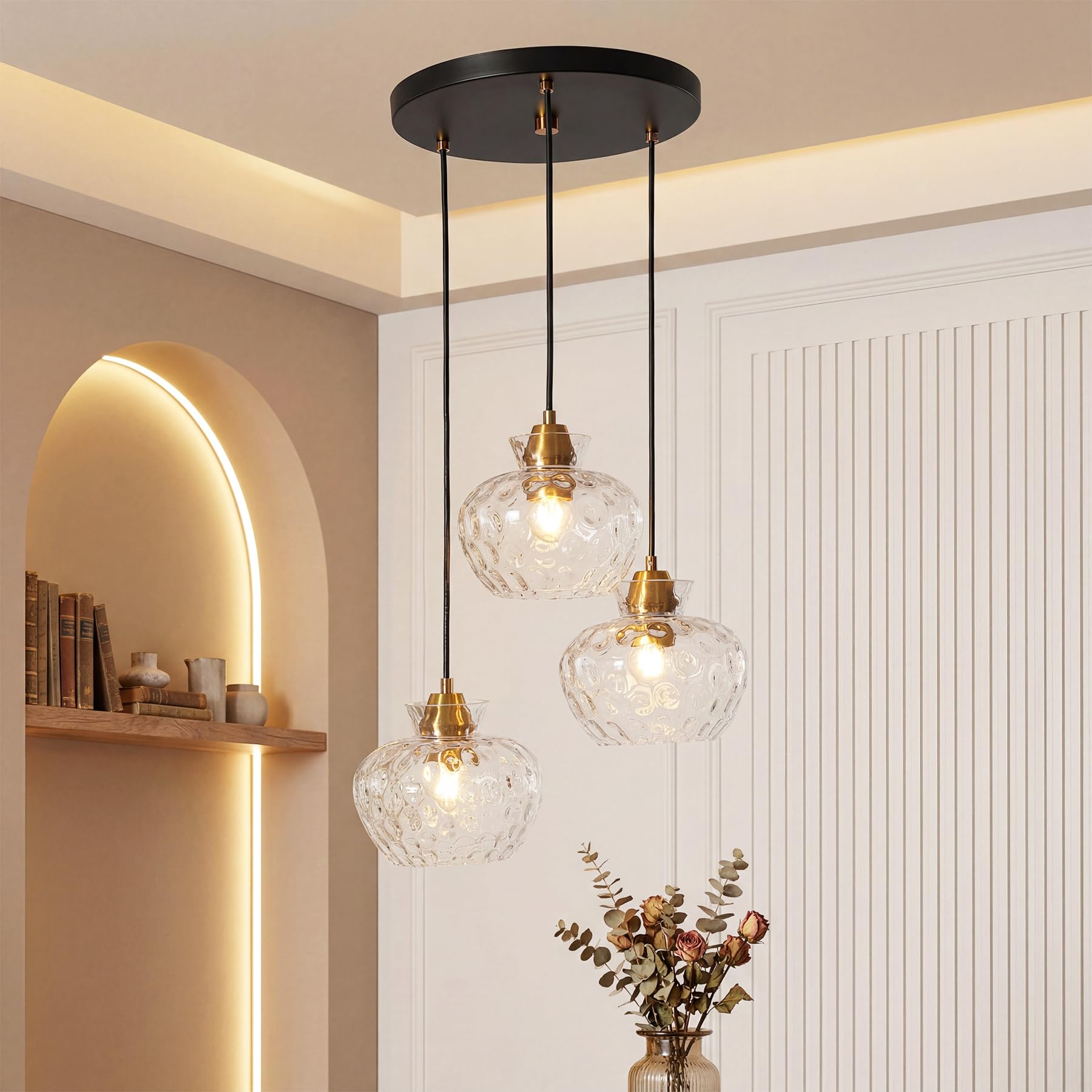 Tribesigns Pendelleuchte 3 Flammig, Vintage Hängelampe mit Wasserriffel Glas, Höhenverstellbare Hängeleuchte Esstisch, E27 Glas Pendelleuchte für Esszimmer, Küche, Wohnzimmer, Schwarz