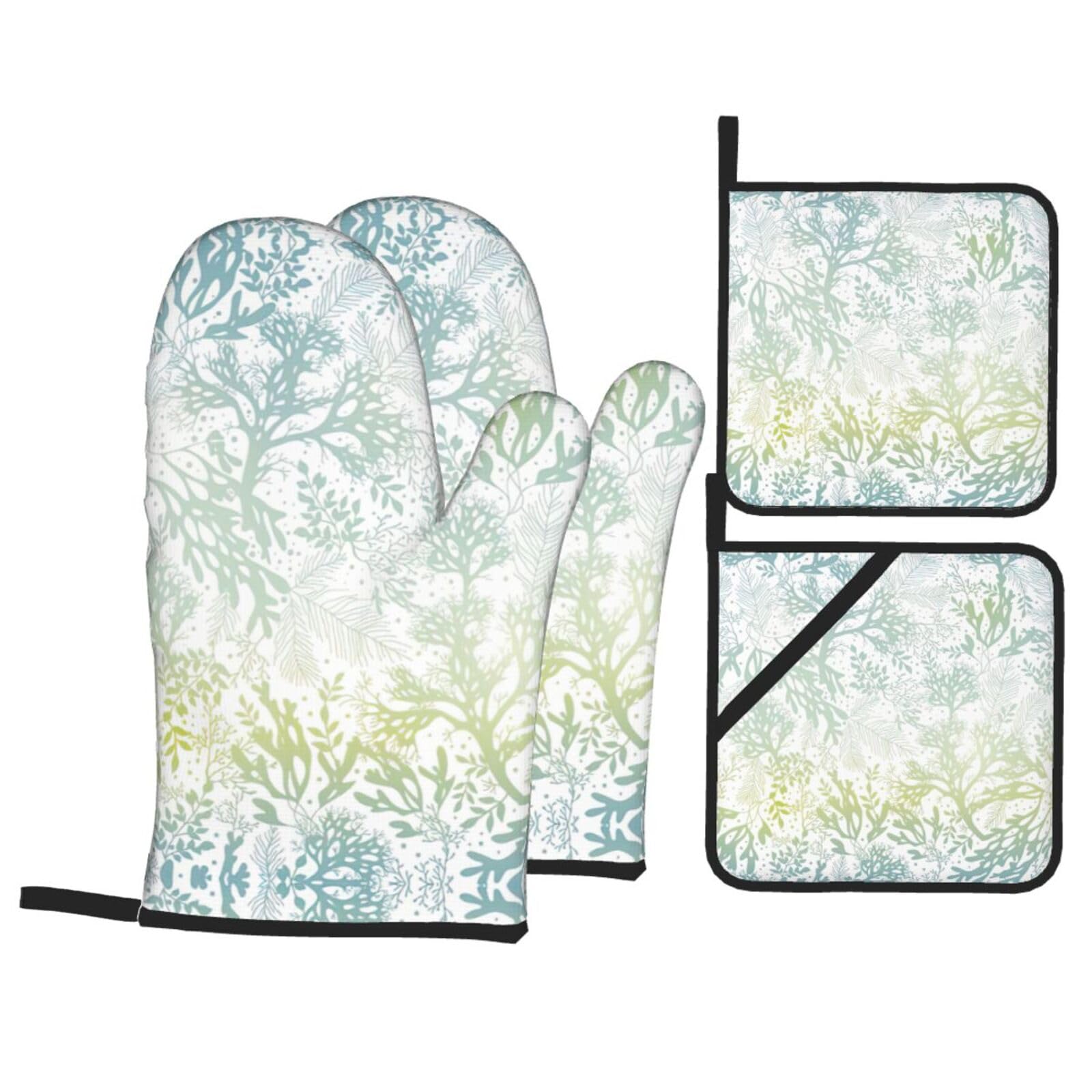 Green Sea Blue Seaweed Print Oven Microwaving Waterproof Kitchen Gloves for Baking Grilling Holiday Cooking