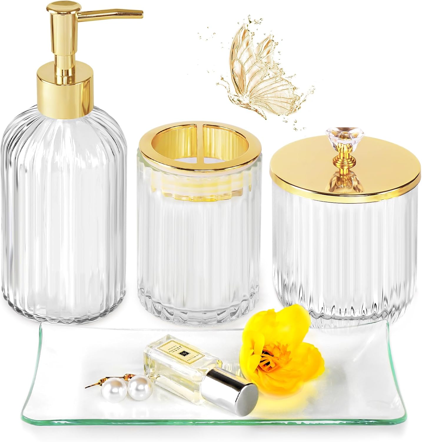 Gold Bathroom Accessories Set, 4Pcs Clear Glass Bathroom Accessory Sets Complete of Soap Dispenser, Toothbrush Holder, Apothecary Jar(Qtip Holder), Vanity Tray, Modern Home Decor Housewarming Gifts Gold Bathroom Accessories Set, 4Pcs Clear Glass Bathroom Accessory Sets Complete of Soap Dispenser, Toothbrush Holder, Apothecary Jar(Qtip Holder), Vanity Tray, Modern Home Decor Housewarming Gifts