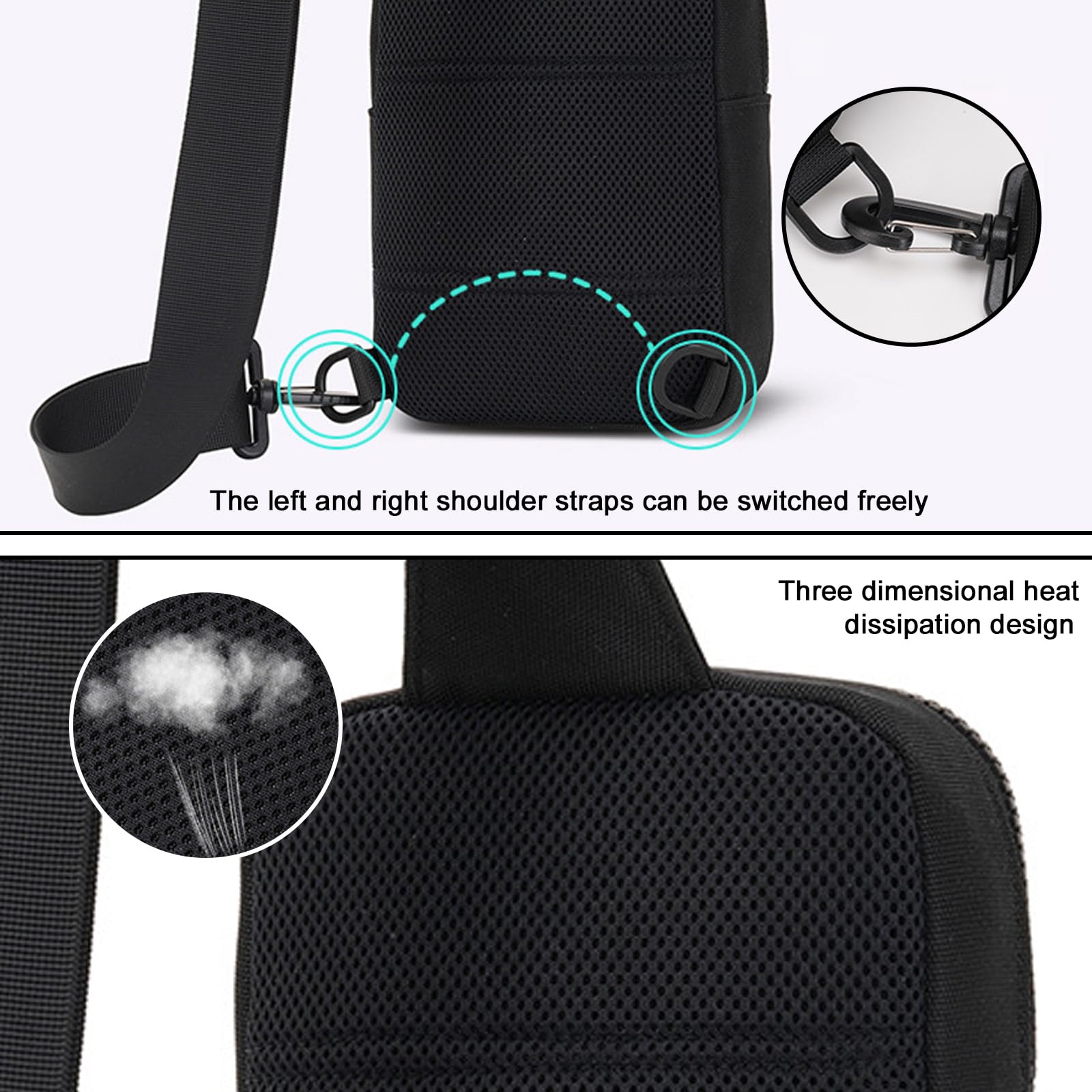 Anti Diebstahl Sling Bag, Klein Umhängetasche Chest Schwarz Crossbody Bag Brusttasche Herren Schultertasche, Tasche Handtasche mit Reißverschluss Lock, RFID-Blockierung, 21x15x6 cm