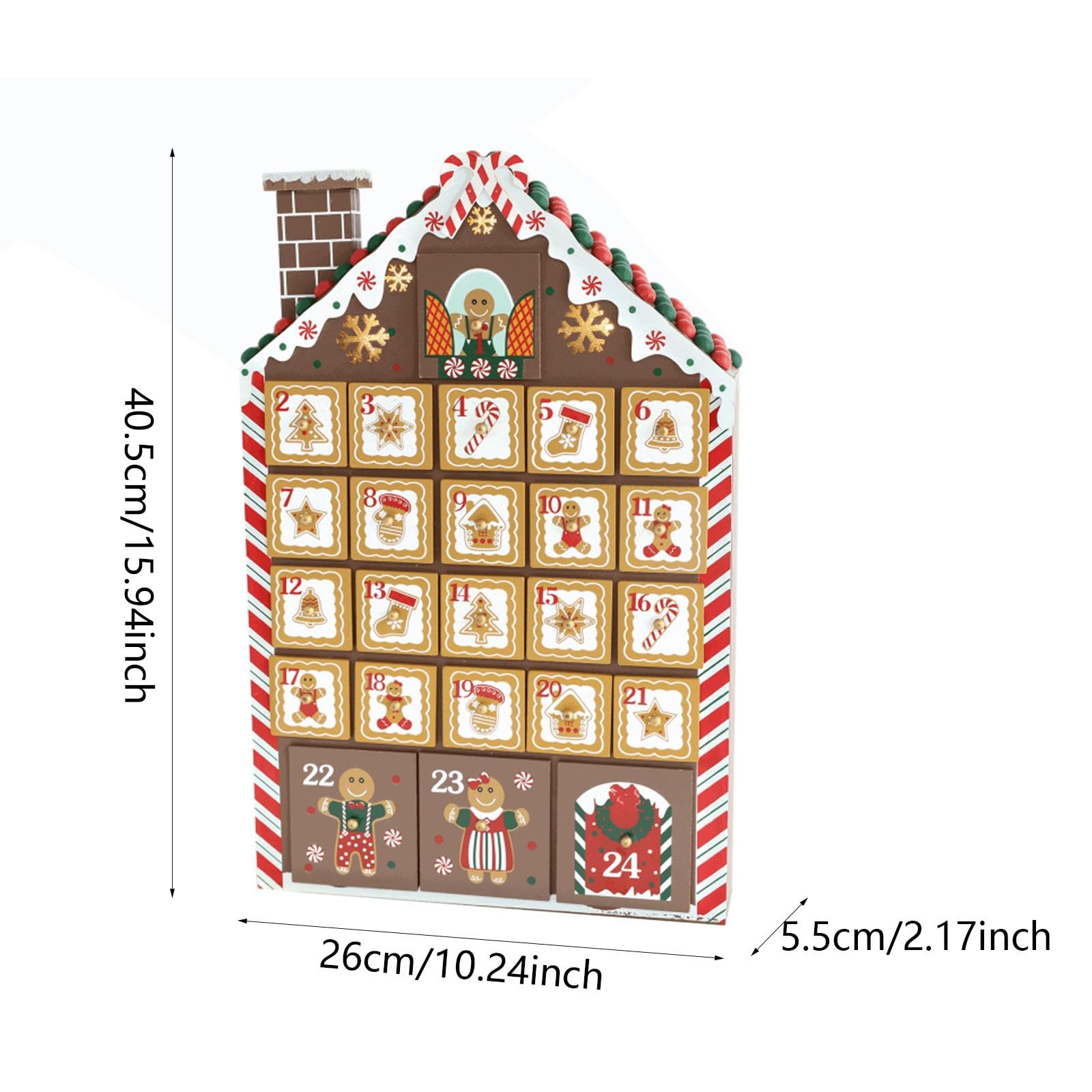 Colcolo Calendario de adviento navideño de Madera con 24 cajones y Luces LED para casa de Jengibre, Adorno de Mesa para Dormitorio, Sala de Estar, Estilo
