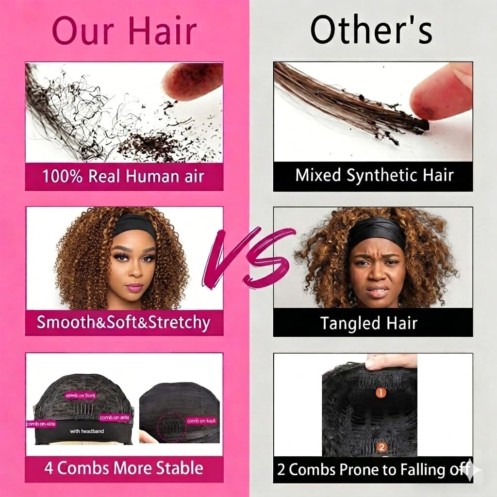 Punmasa Headband Wig Human Hair Deep Wave 4/27 Human Hair Headband wigs for women Glueless None Lace Front Wig Machine Made 150% Density headband wig human hair with Headbands (12Inch)