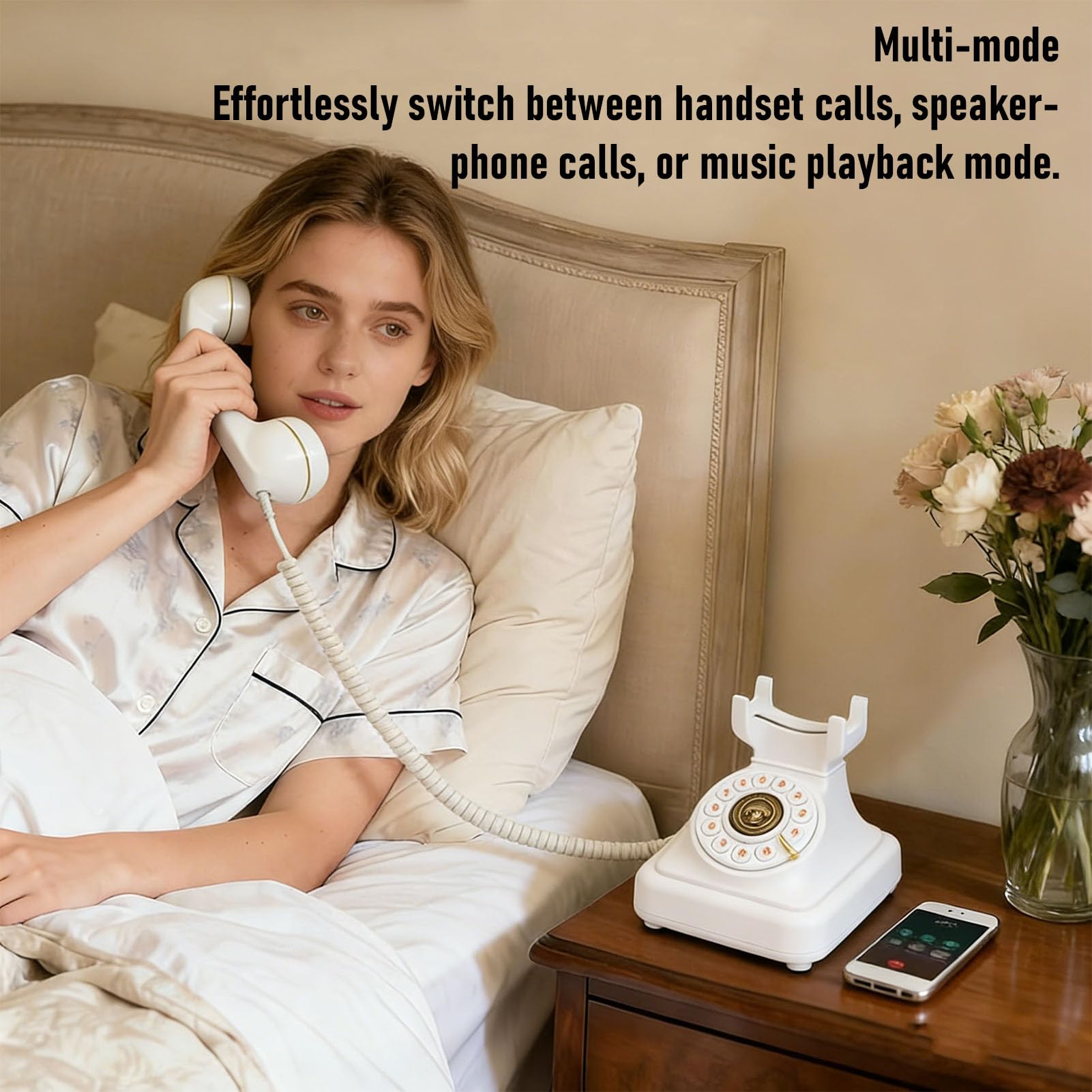 Telefono fisso Bluetooth in stile retrò, telefono wireless per smartphone con vivavoce, telefono da scrivania vintage bianco e lettore musicale, ricaricabile tramite USB