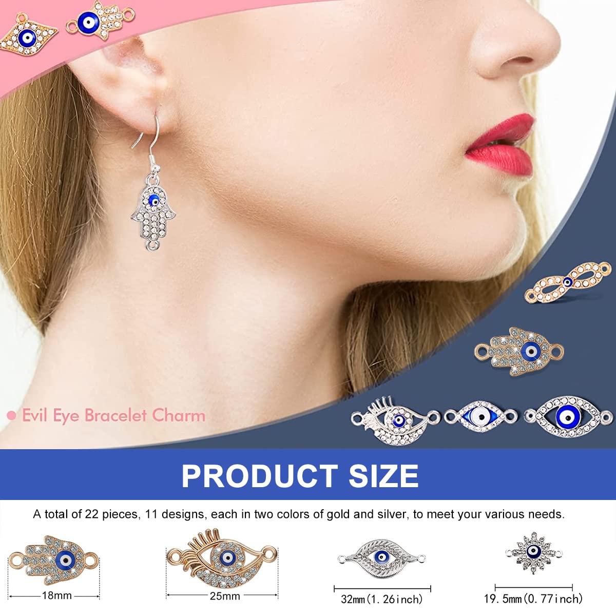 22pcs Evil Eye Rhinestone Charms Connectors, DIY Crafts