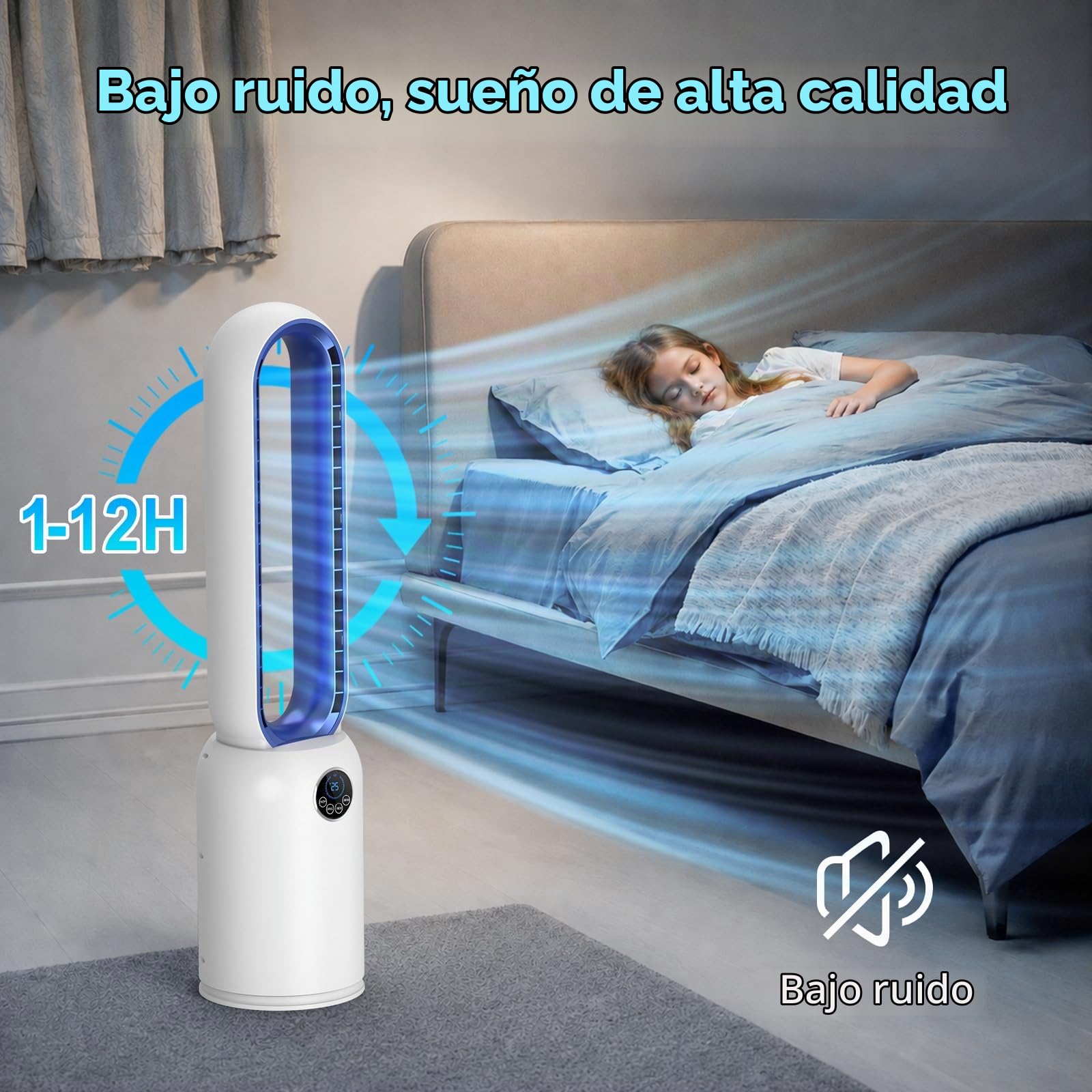 Ventilador de Torre sin Aspas, Ventilador Silencioso de 24 Velocità con purificador de aire HEPA, Timer 12 Ore, Oscillante a 90°, Display a LED y Control Remoto, Portátil, para Dormitorio
