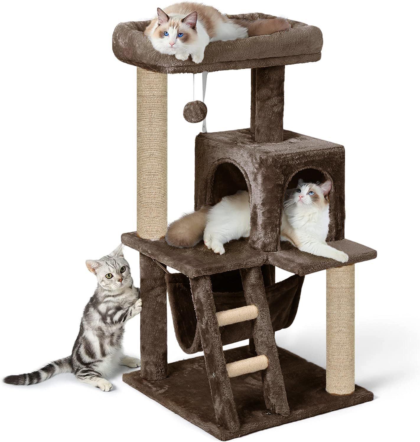 Plush Fabric Playing Kitten Cat Tree - Top Bed | Hammock | Condo | Furry Ball | Climbing Ladder | Jute Rope Scratching Posts (Height 39 Inch) (Brown - FURR-85)