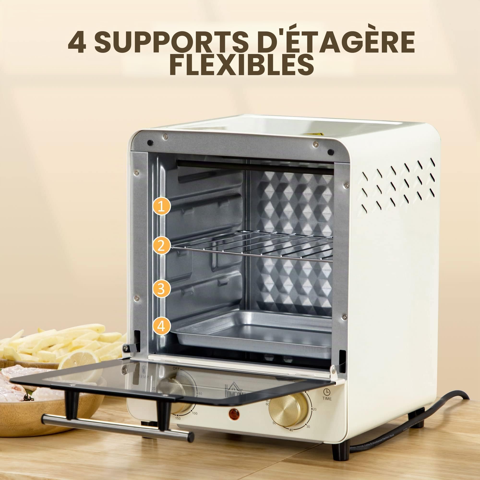 HOMCOM Mini-four 15L, Four à pizza 1000 W Mini-four électrique y compris jeu de plaques de cuisson, plateau ramasse-miettes, minuterie 1 heure, 60-230℃, blanc crème