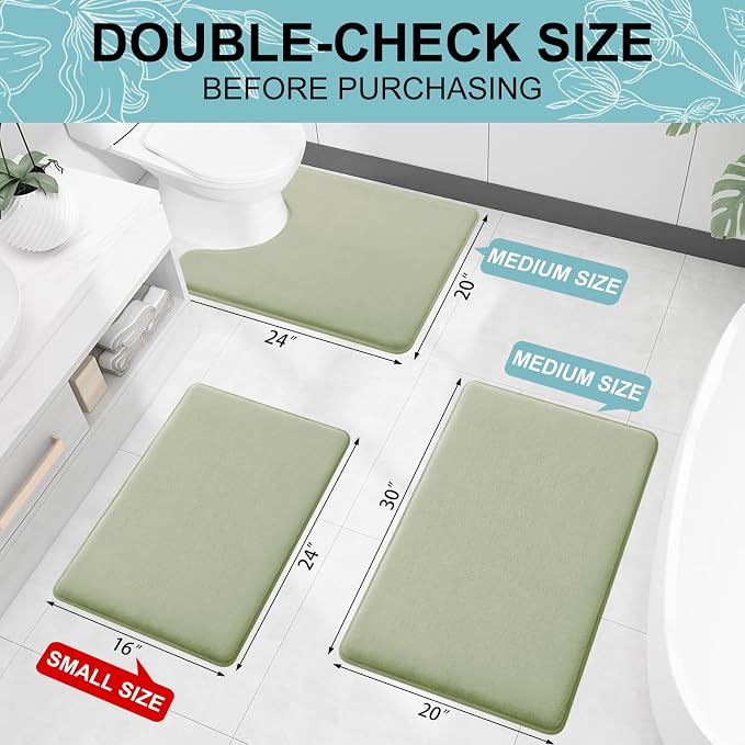 Smiry Memory Foam Bath Mat 30x20, Extra Soft and Absorbent Bathroom Mats, Non Slip Washable Carpet for Floor, Shower and Tub, Sage Green Medium Size (30"x20")