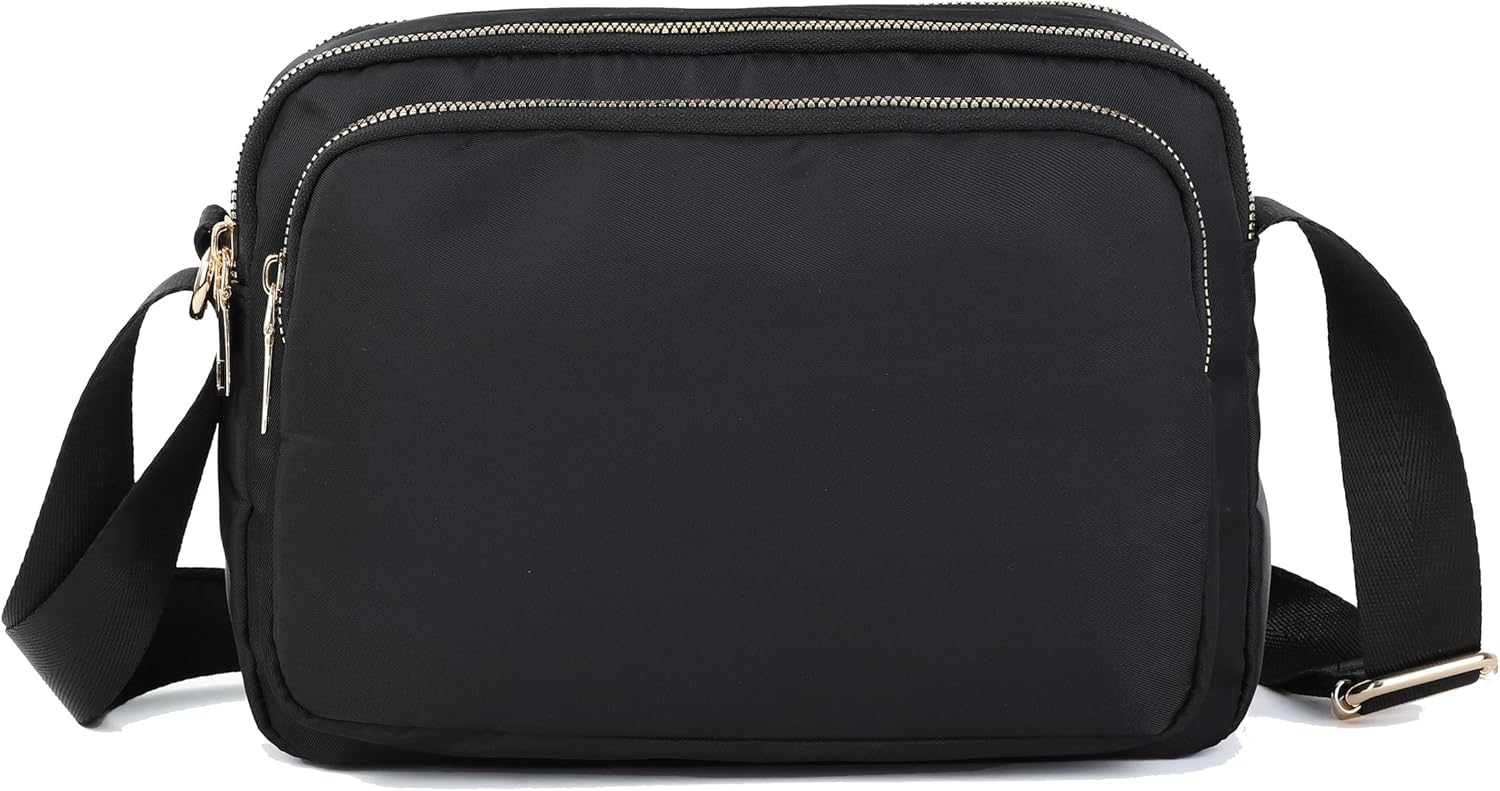 Small Nylon Crossbody Bag for Women, Multi-Pocket Shoulder Bag with Adjustable Strap, Water Resistant Messenger Purse for Travel & Daily Use, Model 5085, Black