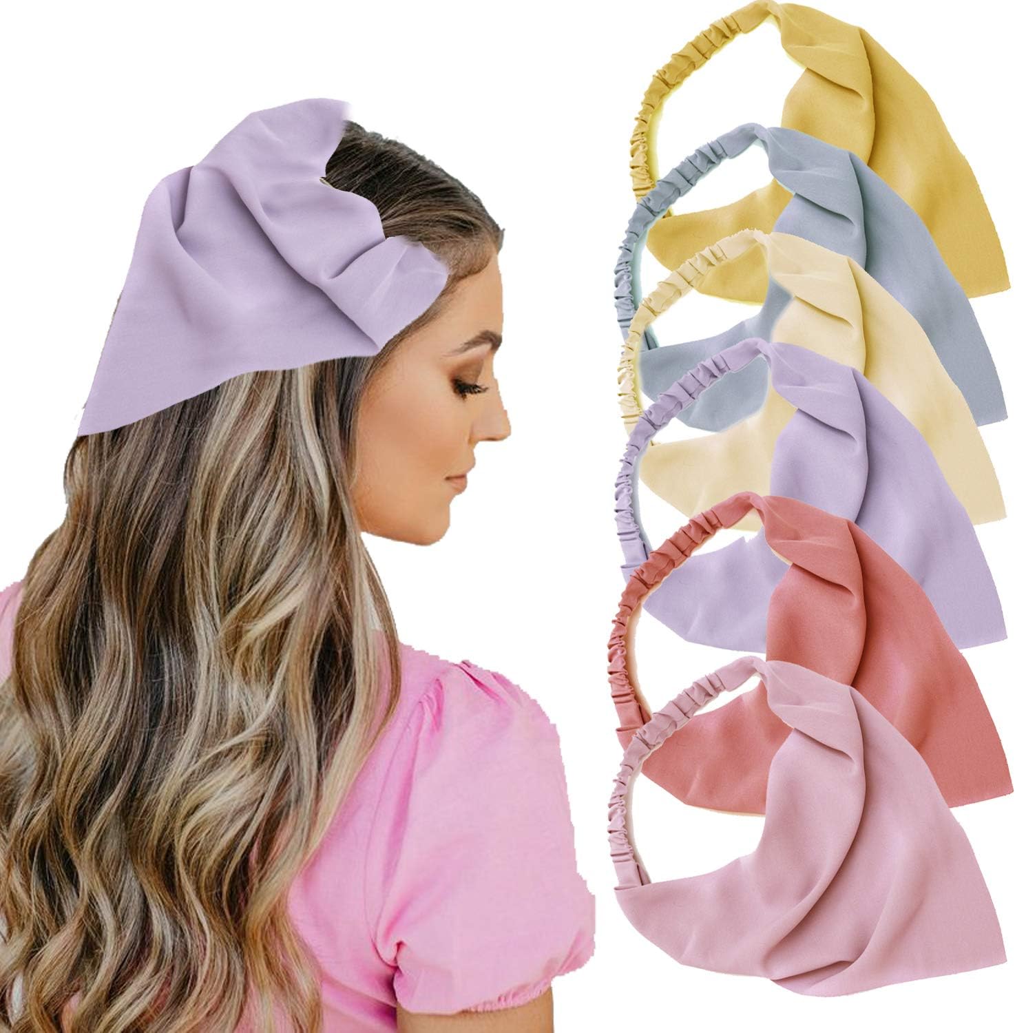 6 Pieces Floral Hair Scarf Headband for Women,Elastic Chiffon Scarf Bandana for Hair Wrapping,Boho Triangle Kerchief Hair Wrap for Women（Pure Color）