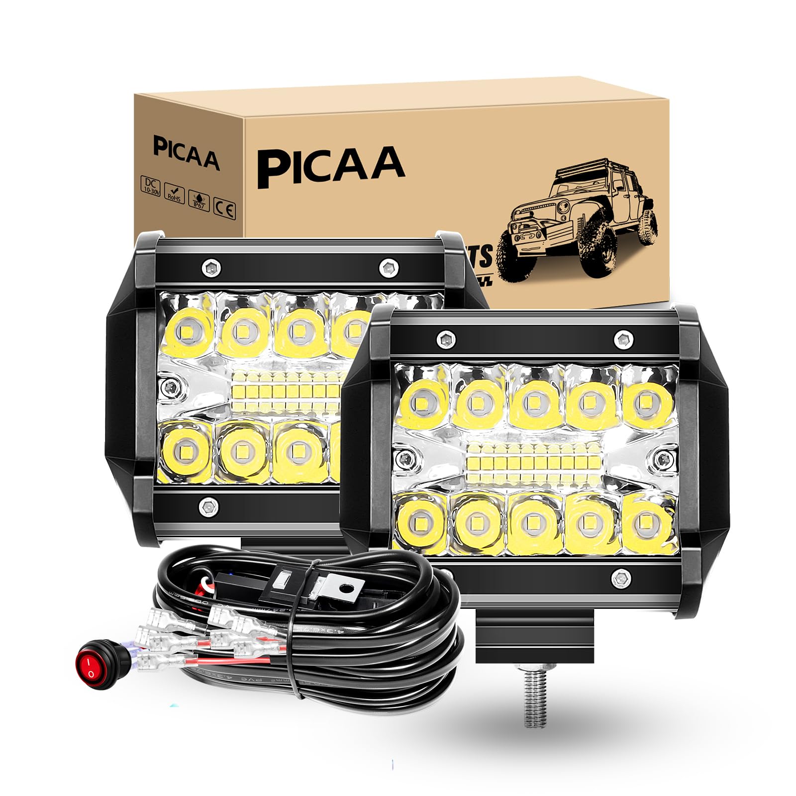 PICAA Faro Trabajo LED 12V, 4 Pulgadas 60W, 2 Piezas, IP67 Impermeable, 6000LM, Apto para Vehículos Todo Terreno, SUV, Tractor, Camión, Barco