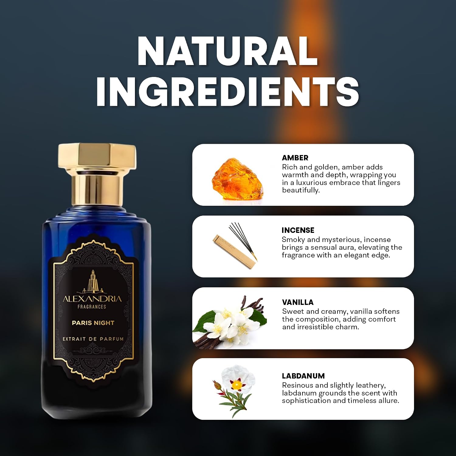 Alexandria Fragrances Paris Night Extrait de Parfum - Long Lasting Amber Vanilla Perfume for Men & Women, Luxury Unisex Evening Fragrance with Warm Incense, Oud & Sweet Vanilla Notes – 60ml