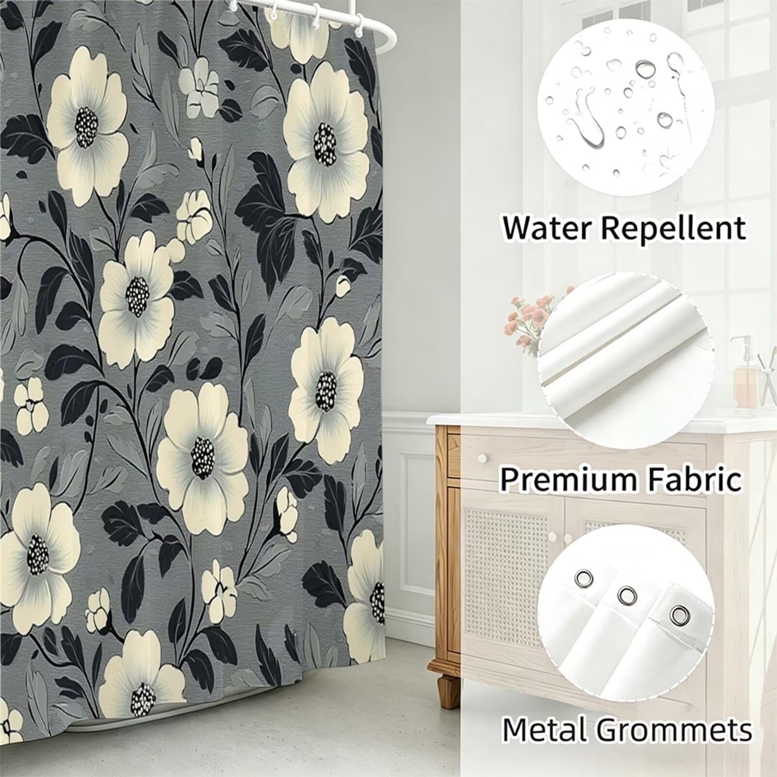 grigio Tenda Doccia 180x240cm, Tenda per Doccia Tessuto Poliestere Impermeabile Asciugatura Rapida con 12 Anelli, Tende Finestra Bagno e Vasca Pieghevole per Angolare Casa Shower Curtain Retro J-650