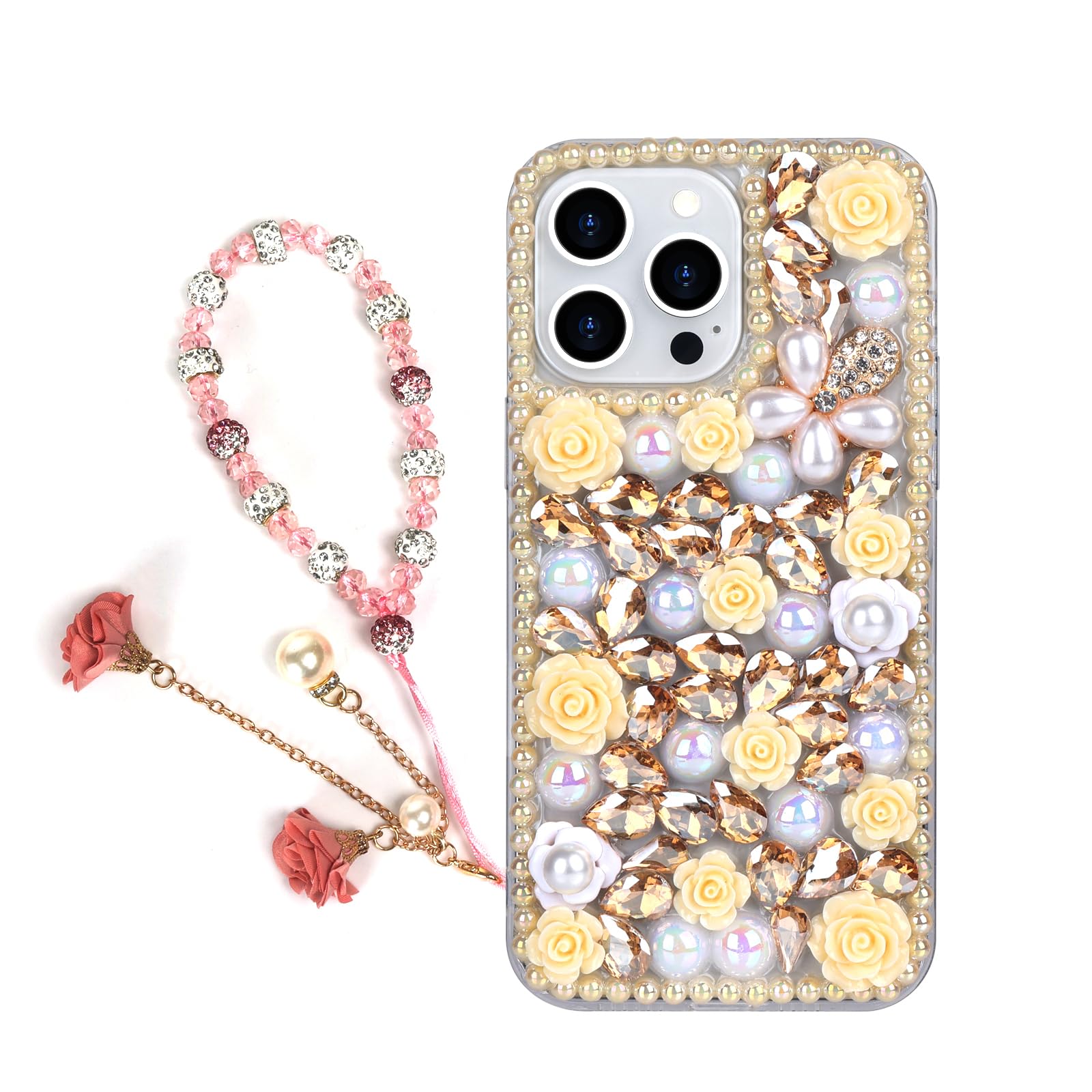 Omorro for iPhone 16 Plus Bling Case with Strap, Luxury Glitter Rhinestone Diamond Crystal Sparkle Rose Flower Pearl Floral Bracelets Soft Bumper