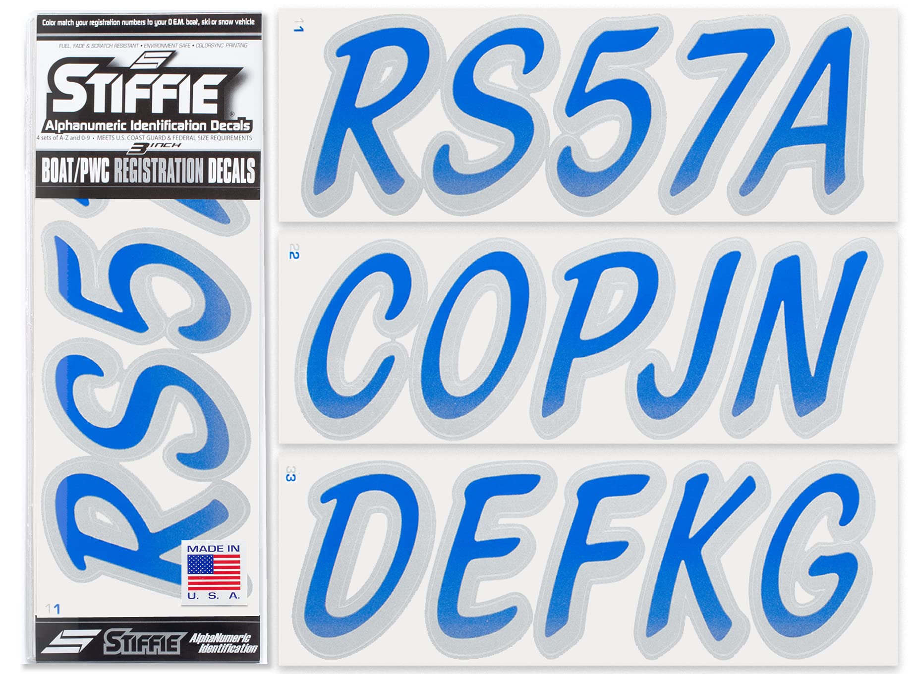 STIFFIE Whipline Blue/Silver 3" Boat &amp; PWC Registration Decals • Numbers Letters Stickers