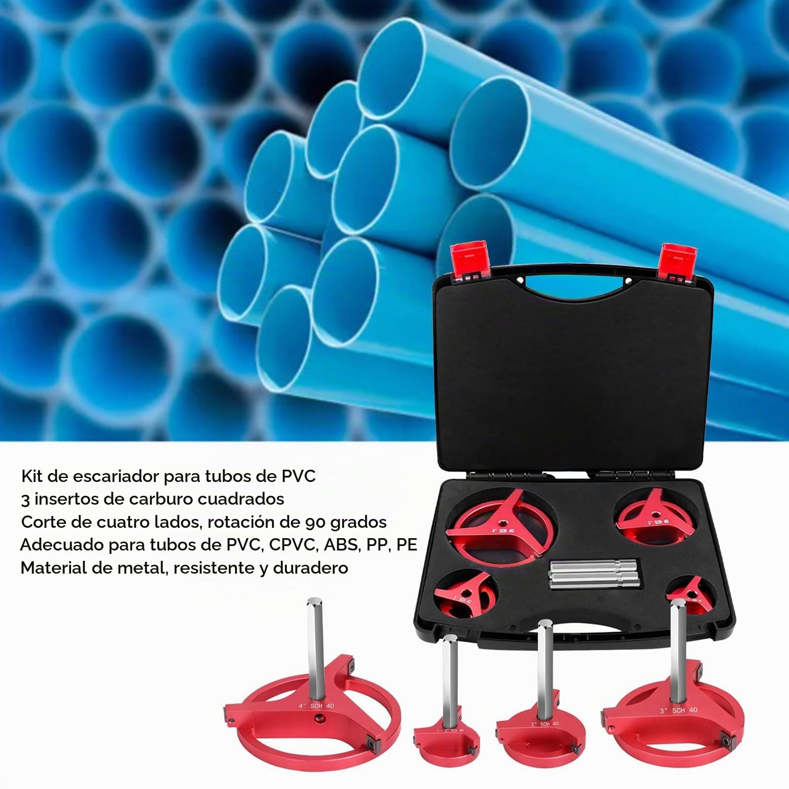 4 PCS Kit de Escariador de Tubería de PVC con Ahorro de Accesorios de Aluminio de Aluminio de 1,5 Pulgadas, 3 Pulgadas, 4 Pulgadas de 4 Pulgadas PVC, Ahorro de Enchufe de PVC,