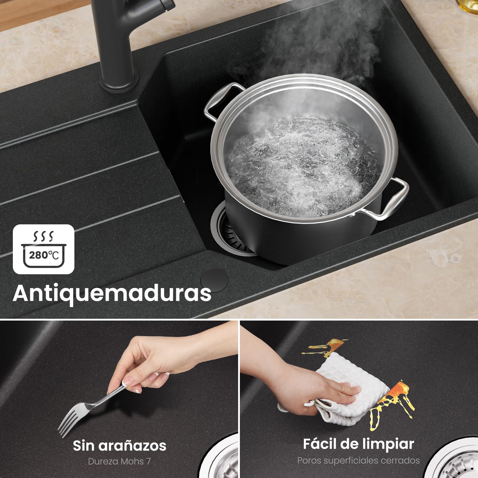 Fregadero ANYCEE Granito Negro 86 por 45 Escurridor Cuarzo Sifón Desagüe 2 Conexiones