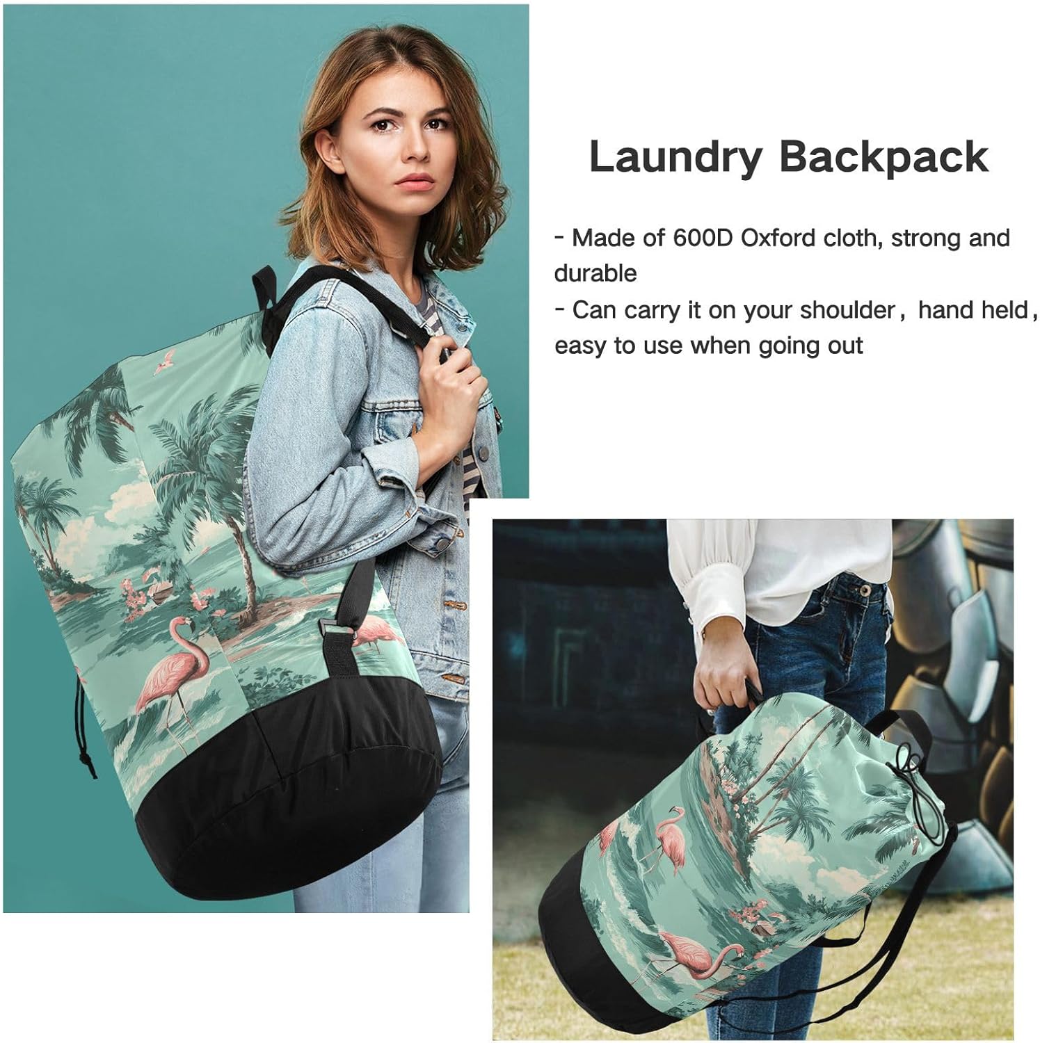 Island Green Flamingos and Palm Trees Laundry Bag Backpack Travel Laundry Bags with Shoulder Straps Durable Oxford Large Hanging Hamper Bag College Laundromat Apartment