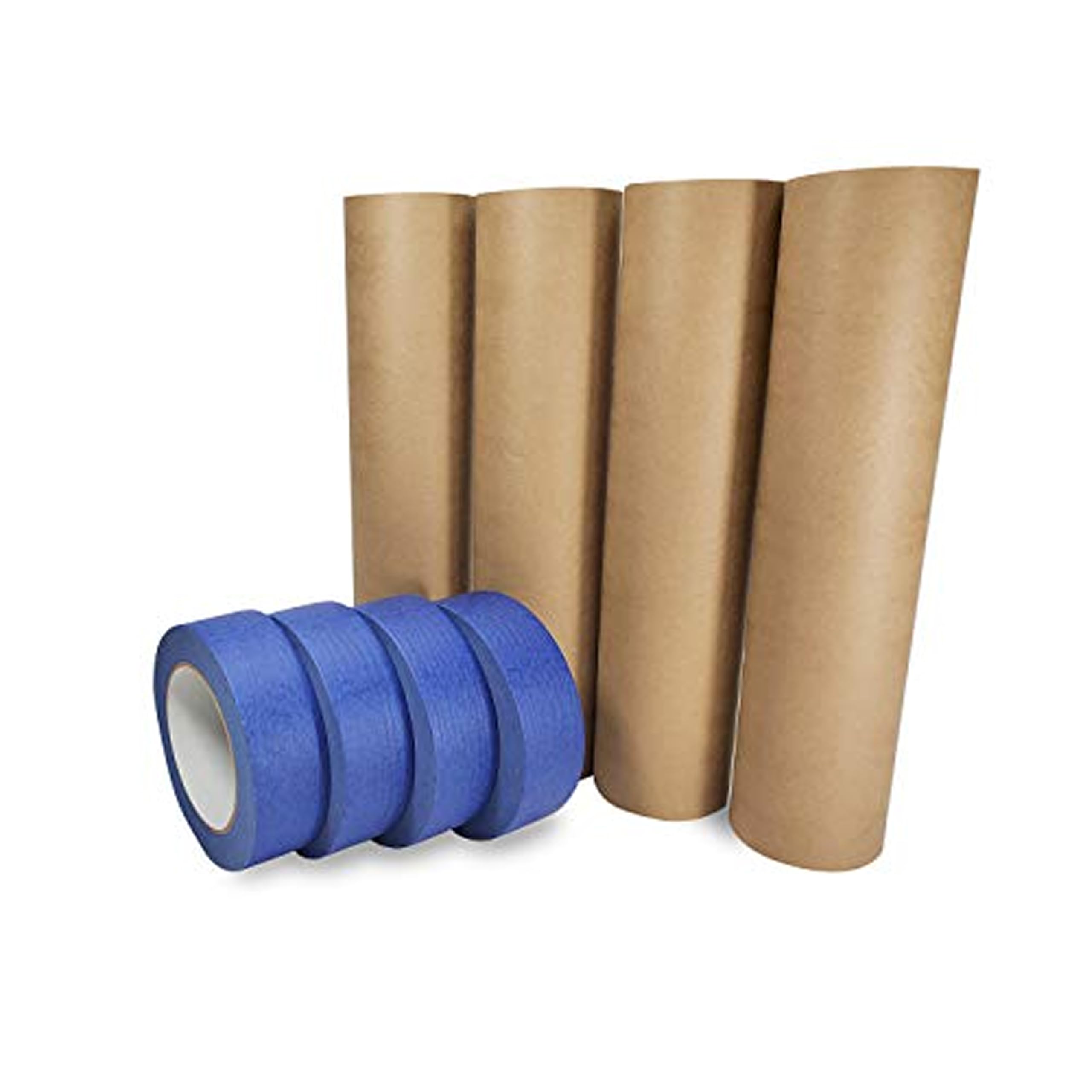 IDL Packaging Masking Paper and Tape Set -18" x 60 Yards Brown Masking Paper (4 Rolls) and 1.41" x 60 Yards Blue Painter’s Tape (4 Rolls) - Masking Kit for Painting and Home Improvements