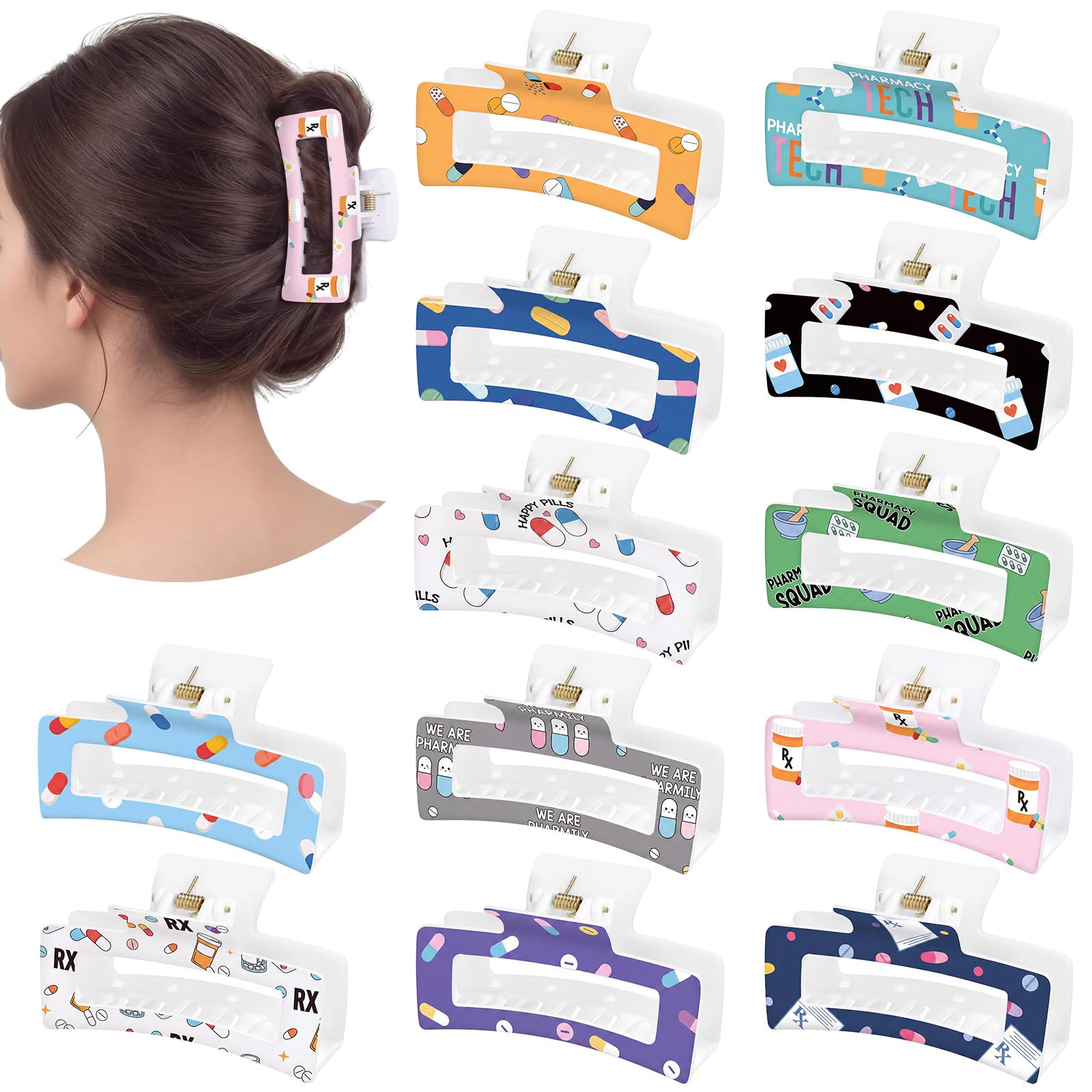Wavwavw 12 Pcs Pharmacy Themed Claw Clips for Women Girls,