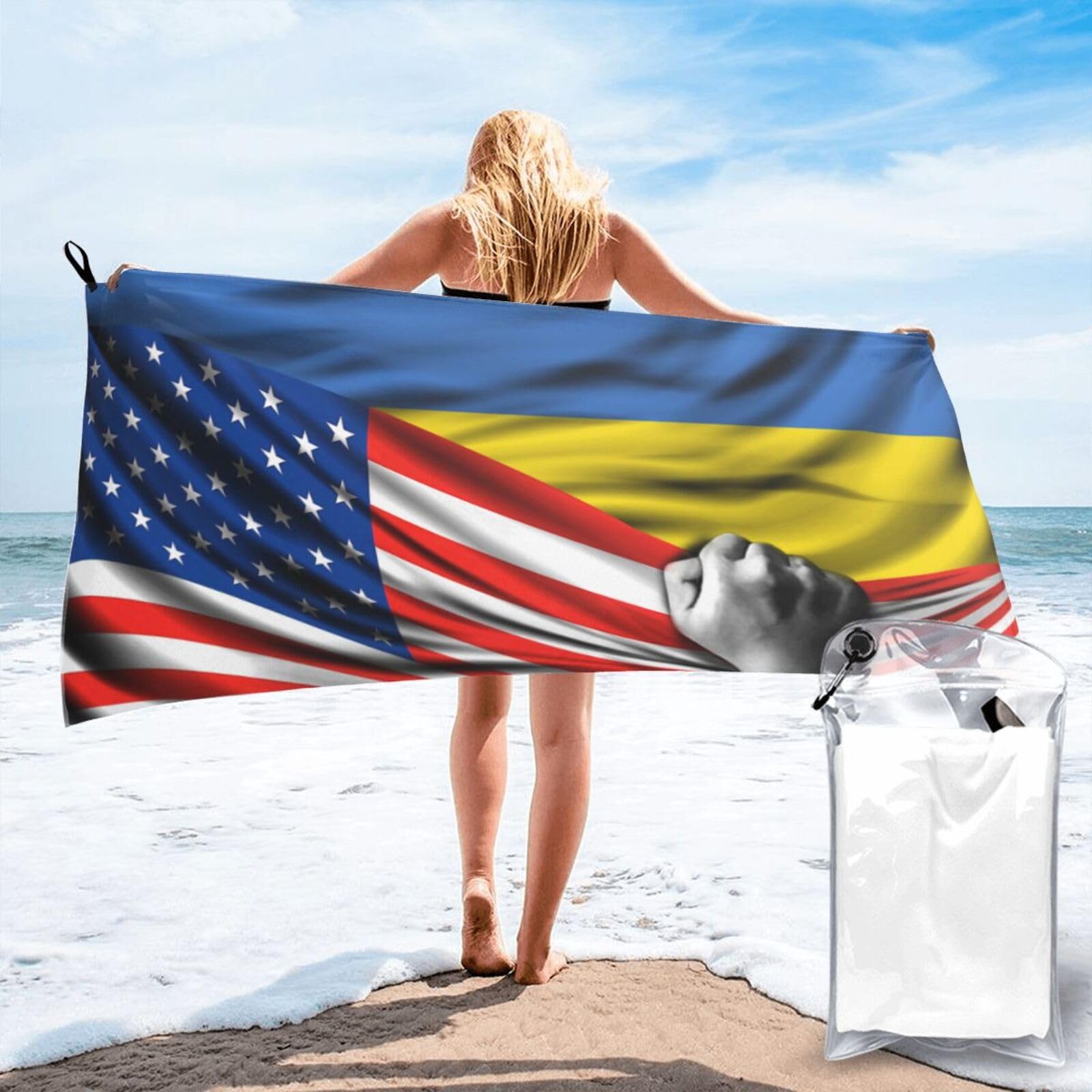 HACXZ Beach Towel America Flag and Ukraine Flag Microfiber Beach Towel Lightweight Absorbent 27.5"X55"