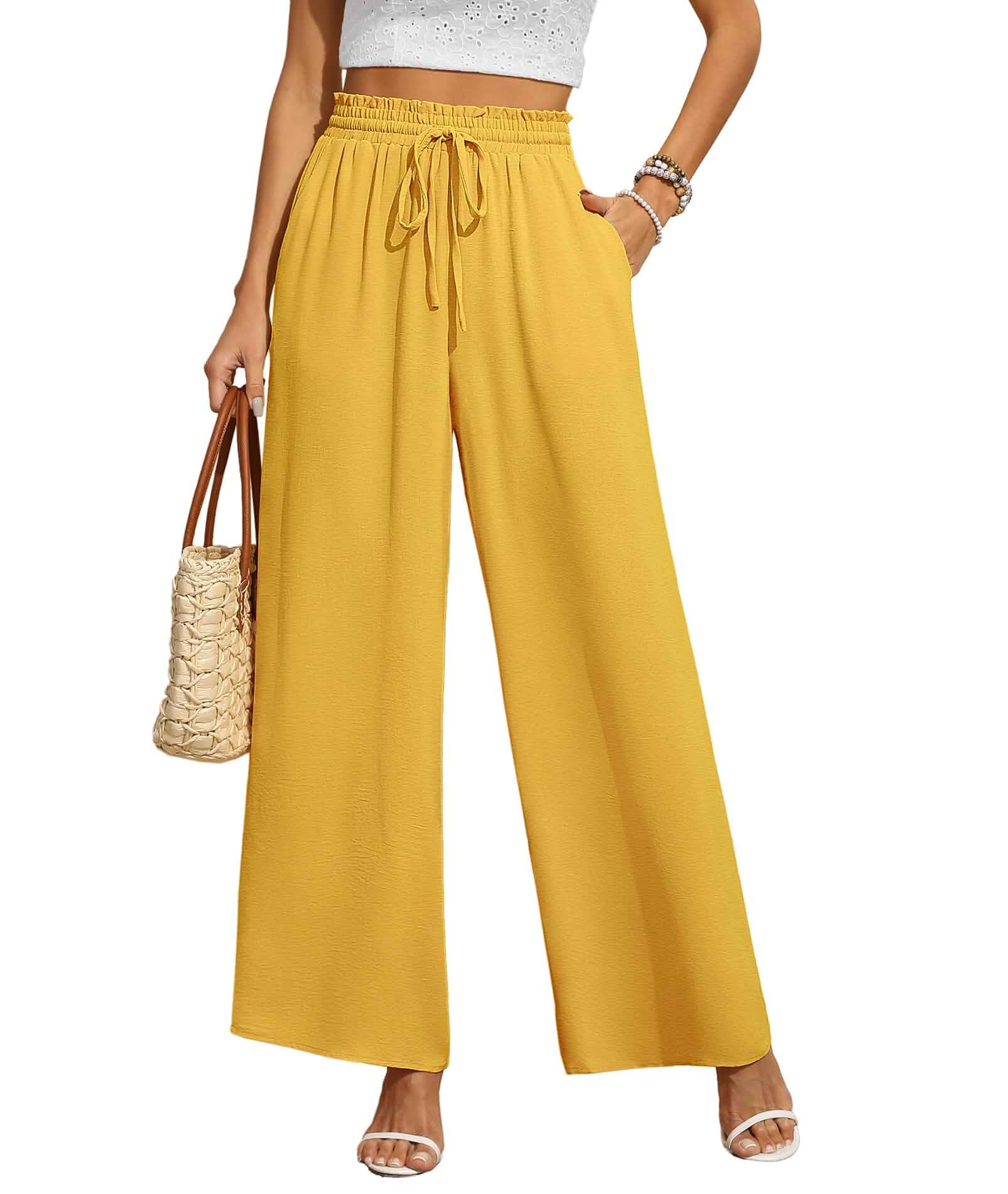 CZYINXIAN Women's Casual Wide Leg Pants Flowy Adjustable Tie Knot Elastic Waist Pants with Pockets