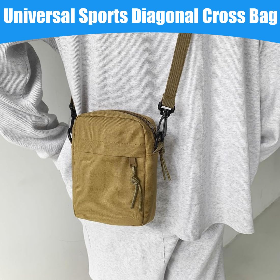 Khaki Mens Shoulder Bag - Small Crossbody Messenger Bag, Nylon