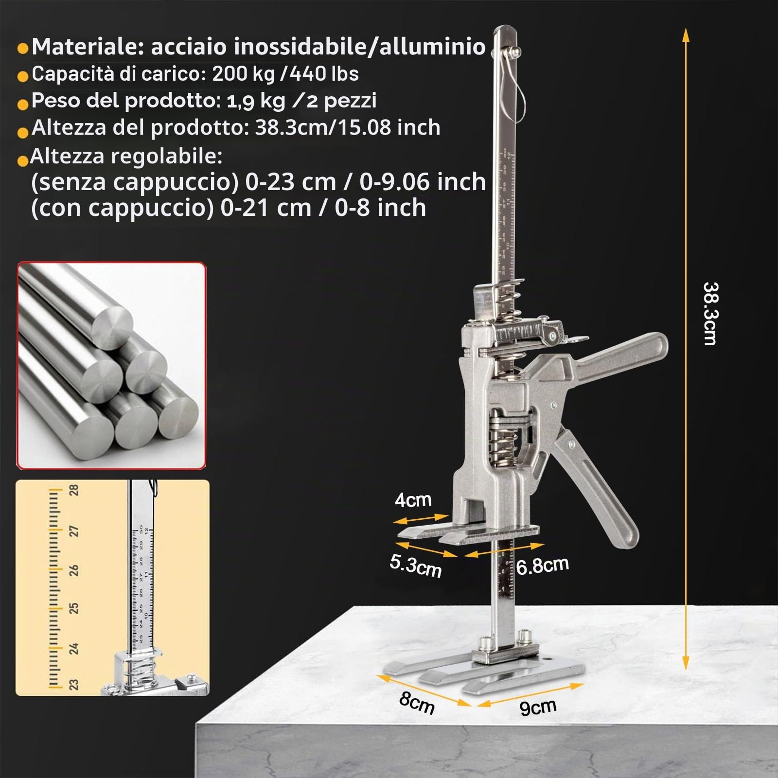 2 pezzi Sollevatore per Pannelli di Livellamento a Risparmio di Lavoro,400kg/880lbs,per Pavimenti, Porte, Installazione di Armadi, Sollevatori per Cartongesso, con Scala (38.3cm)