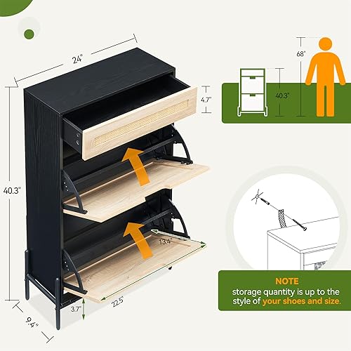 Vista 2 de GAOMON Gabinete de almacenamiento de zapatos de ratán con 2 puertas abatibles y 1 cajón, organizador de zapatos independiente para entrada, armario