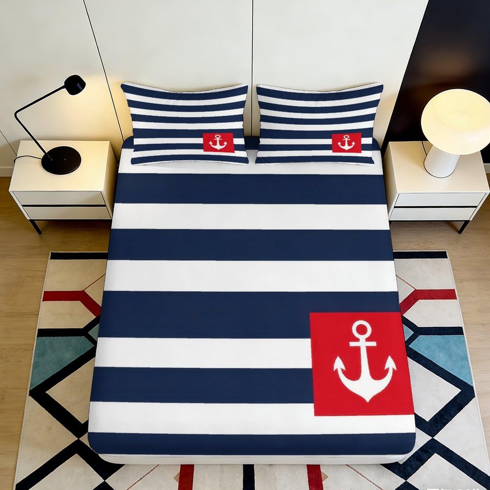3D Printed Nautical Stripes Fitted Sheet Microfiber Deep Pocket Non-Slip Anchor Mattress Fitted Cover Washable Bedroom 90x200x25cm