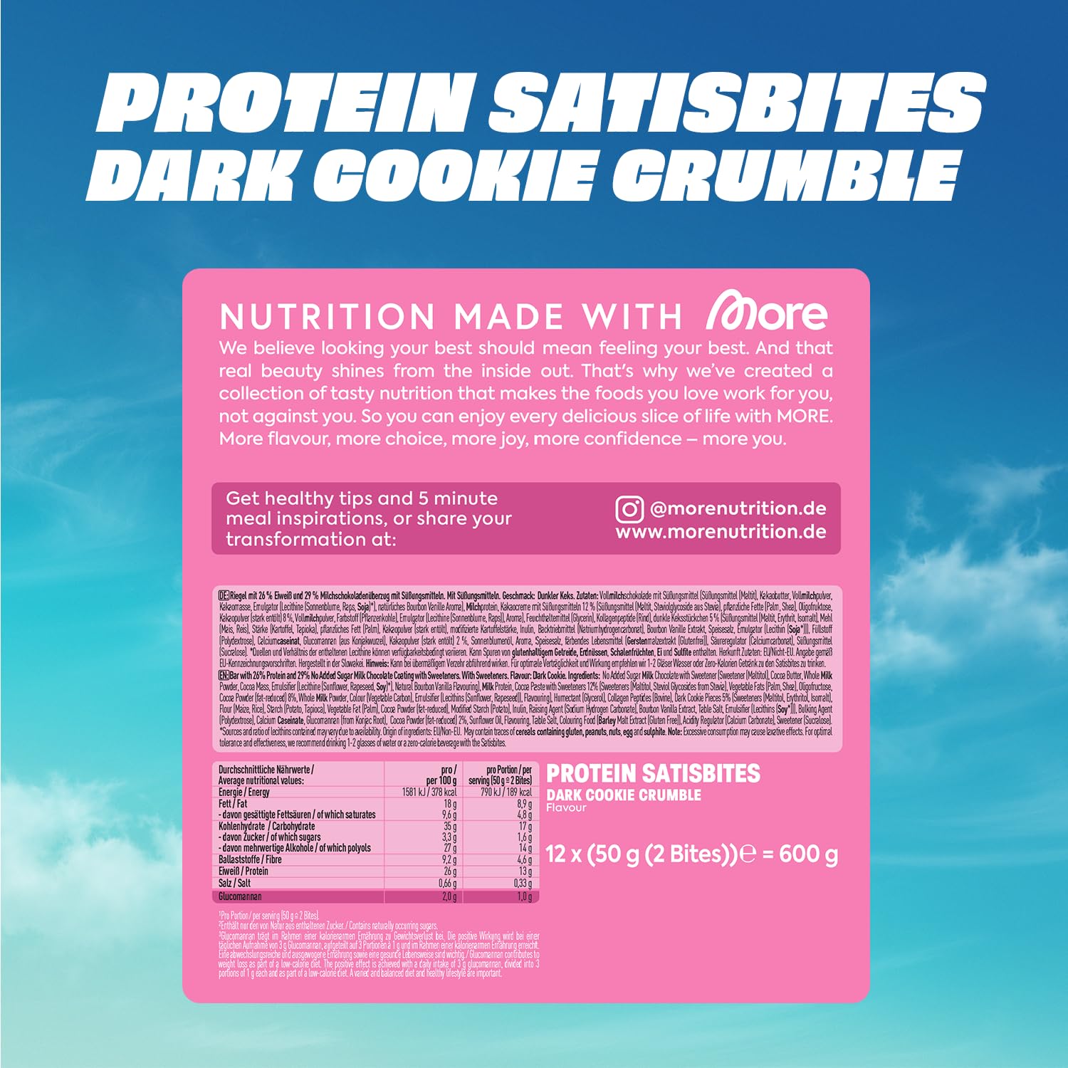MORE Protein Satisbites, 12er Box Proteinriegel, 12 x 2 x 25 g, Dark Cookie Crumble, bis zu 16 g Protein pro Portion, ohne Zuckerzusatz, made in Germany - 5