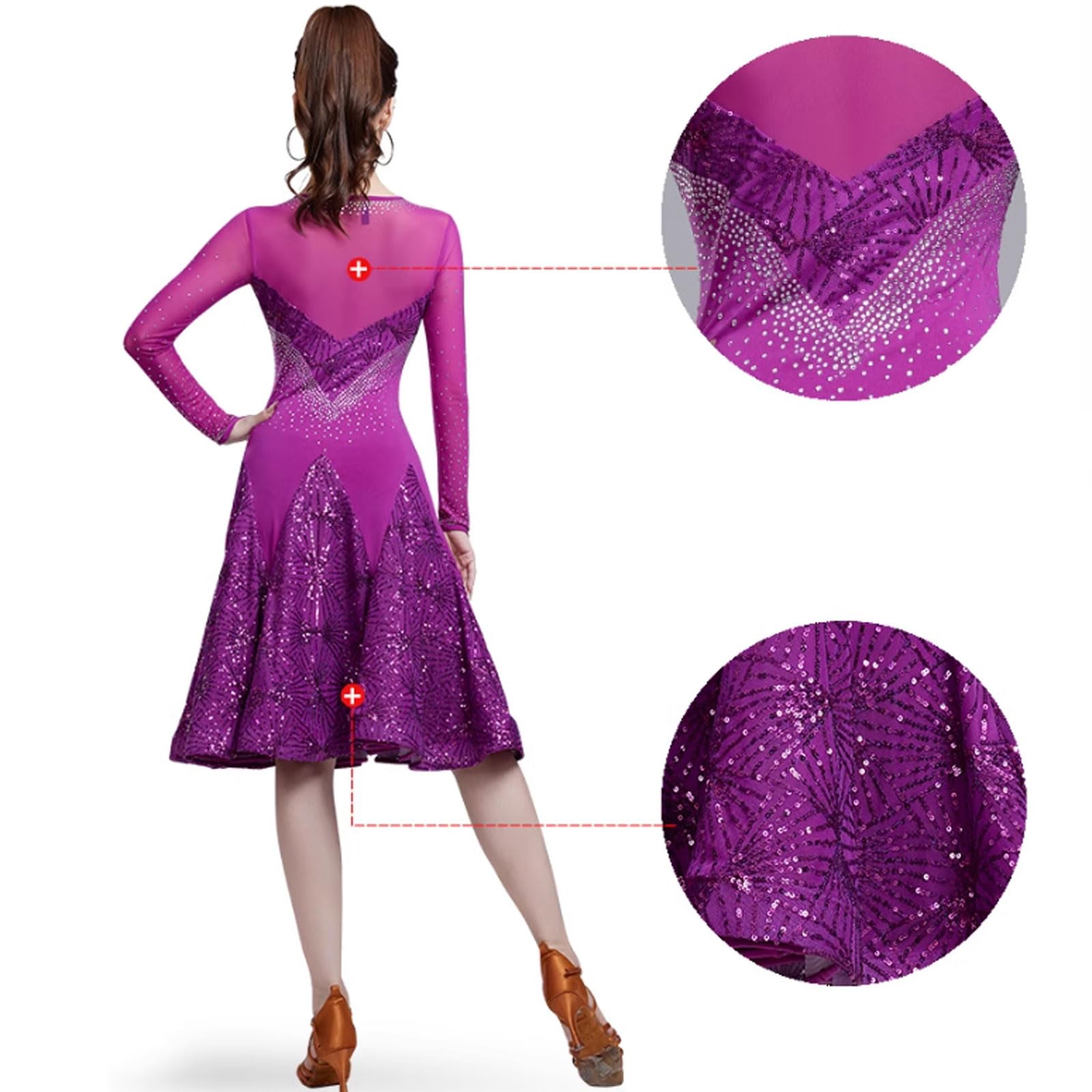 Latein Tanzkleider Pailletten Ballsaal Leistung Tanzbekleidung Langarm Salsa-Tango üben Kostüm für Frauen Strasssteine Tanzoutfit für Rumba Samba
