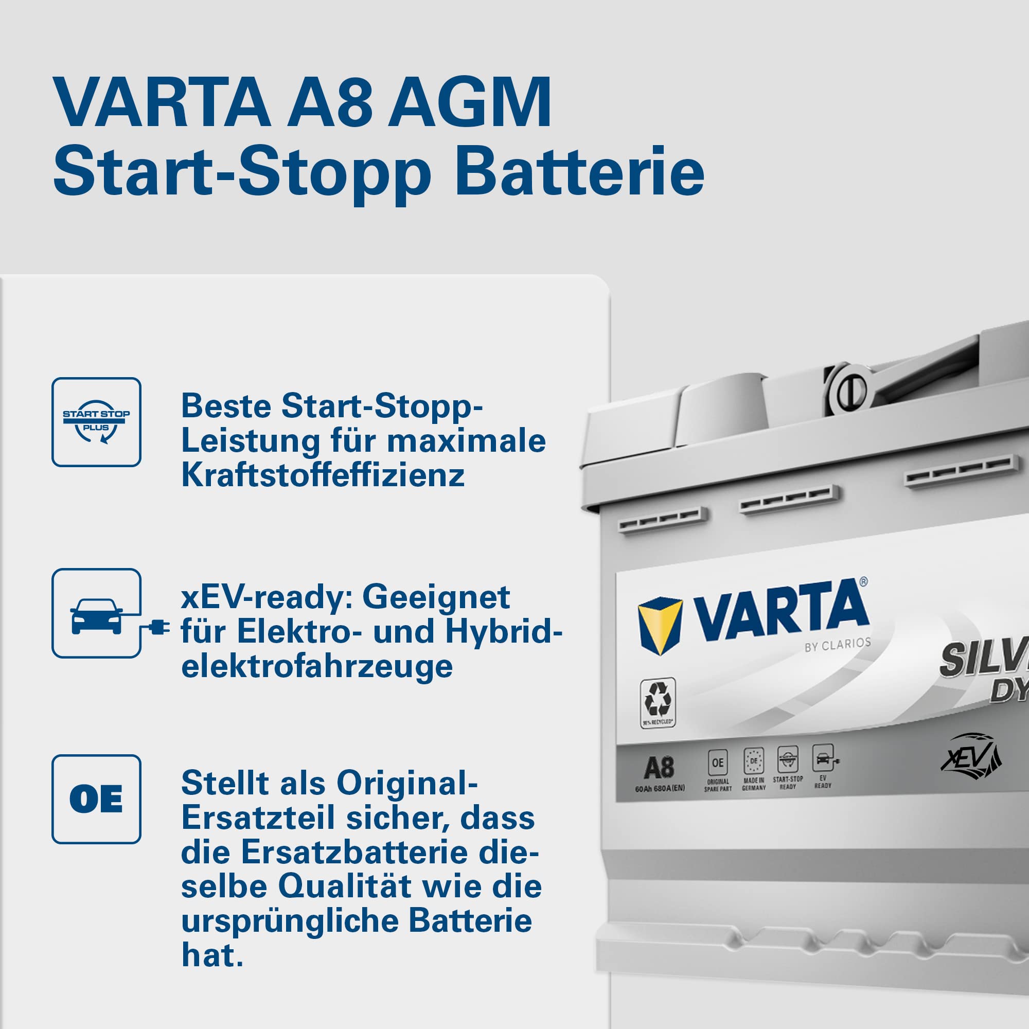 VARTA Silver Dynamic AGM Battery A8 - Start-Stop and xEV Car