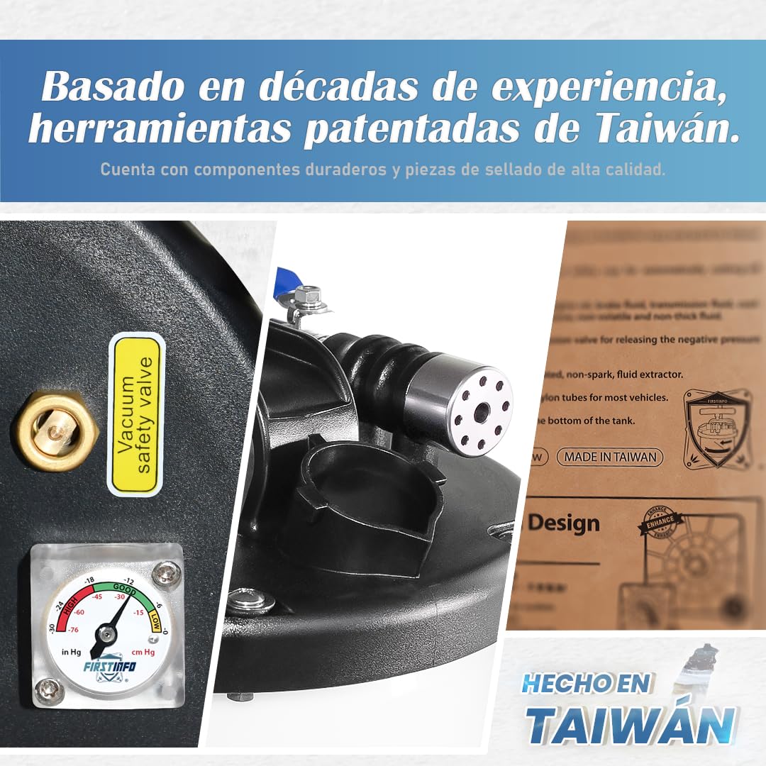FIRSTINFO Extractor de Aceite Neumático/Manual 10,5L, Fabricado en Taiwán, con Manómetro, 5 Tubos de Aspiración, Sonda Ultrafina de 3,5 x 4,5 mm, A1107EUY5