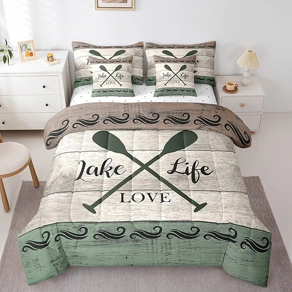 Erosebridal Lake House Comforter Set King,Lake Life Love Bed in A Bag Bedding Set,Vintage Ocean Wave Lake Paddle Quilt Sets(1 Comforter,2 Pillowcases,1 Flat Sheet,1 Fitted Sheet,2 Throw Pillow Covers)