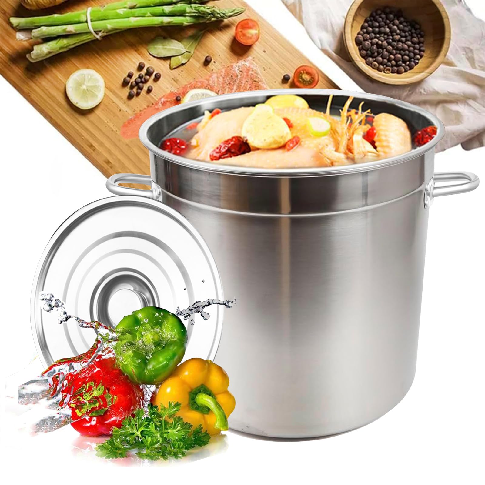 Olla extra gruesa de acero inoxidable 201, ollas de cocina grandes, resistentes de grado comercial, olla de inducción de acero inoxidable con tapa y asa para estufas, para guisos, mariscos, 50 x 50 cm