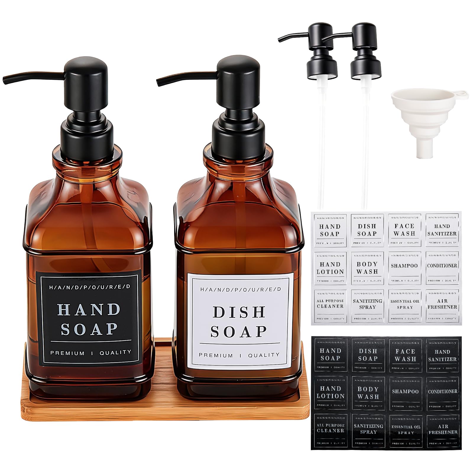 Pollock Soap Dispenser Dispensador de jabón de Cristal, 2 Piezas 500ml con Marrón Bomba de Acero Inoxidable 304, Dispensador de Jabón y Champú para Baño, Dispensador Jabon para Cocina, Baño y Ducha