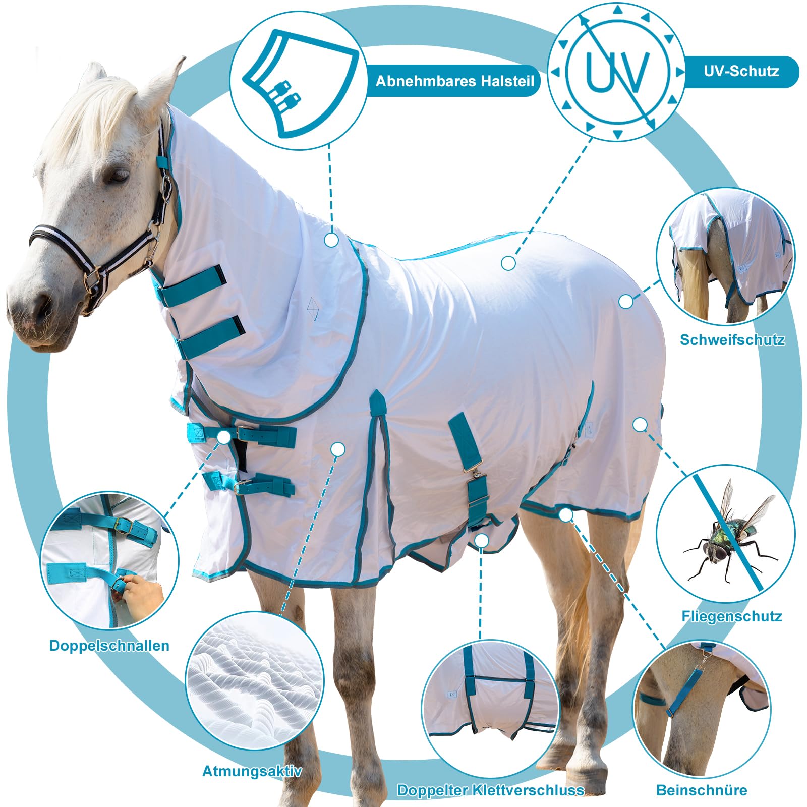 Couverture anti-mouches pour chevaux avec couvre-cou, couverture d'été respirante avec protection UV et protection contre l'abrasion, fermeture de poitrine réglable, sangles ventrales