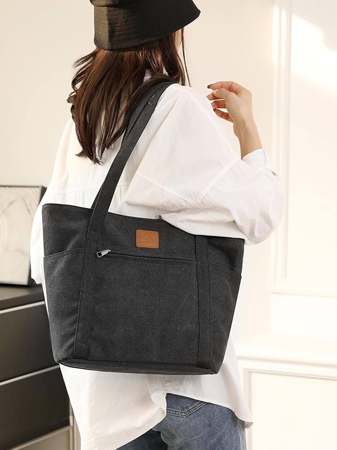 DOURR Womens Shoulder Handbags Heavy Duty Canvas Work Tote Retro Bucket Bag - Image 2