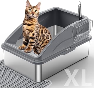 INVENHO XL Stainless Steel Litter Box for Big Cats - Leakproof High Walls, Non-Stick, with Lid, Mat & Scoop