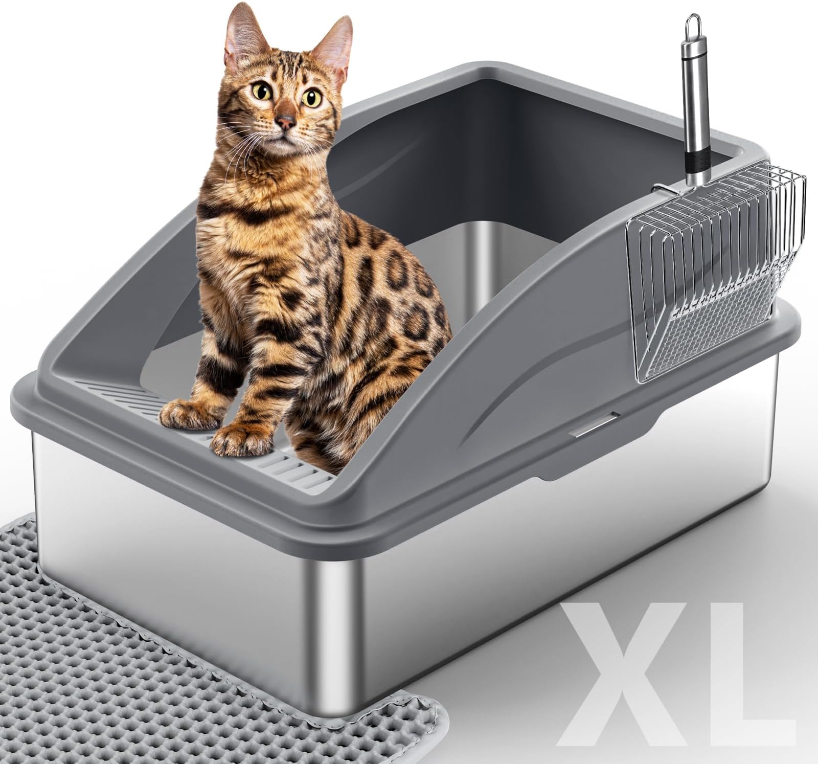 Stainless Steel Litter Box, Extra Large Litter Boxes for Big Cats, XL Metal Cat Litter Box with Lid, Anti-Urine Leakage, Non-Sticky, Include Cat Mat and Litter Scoop