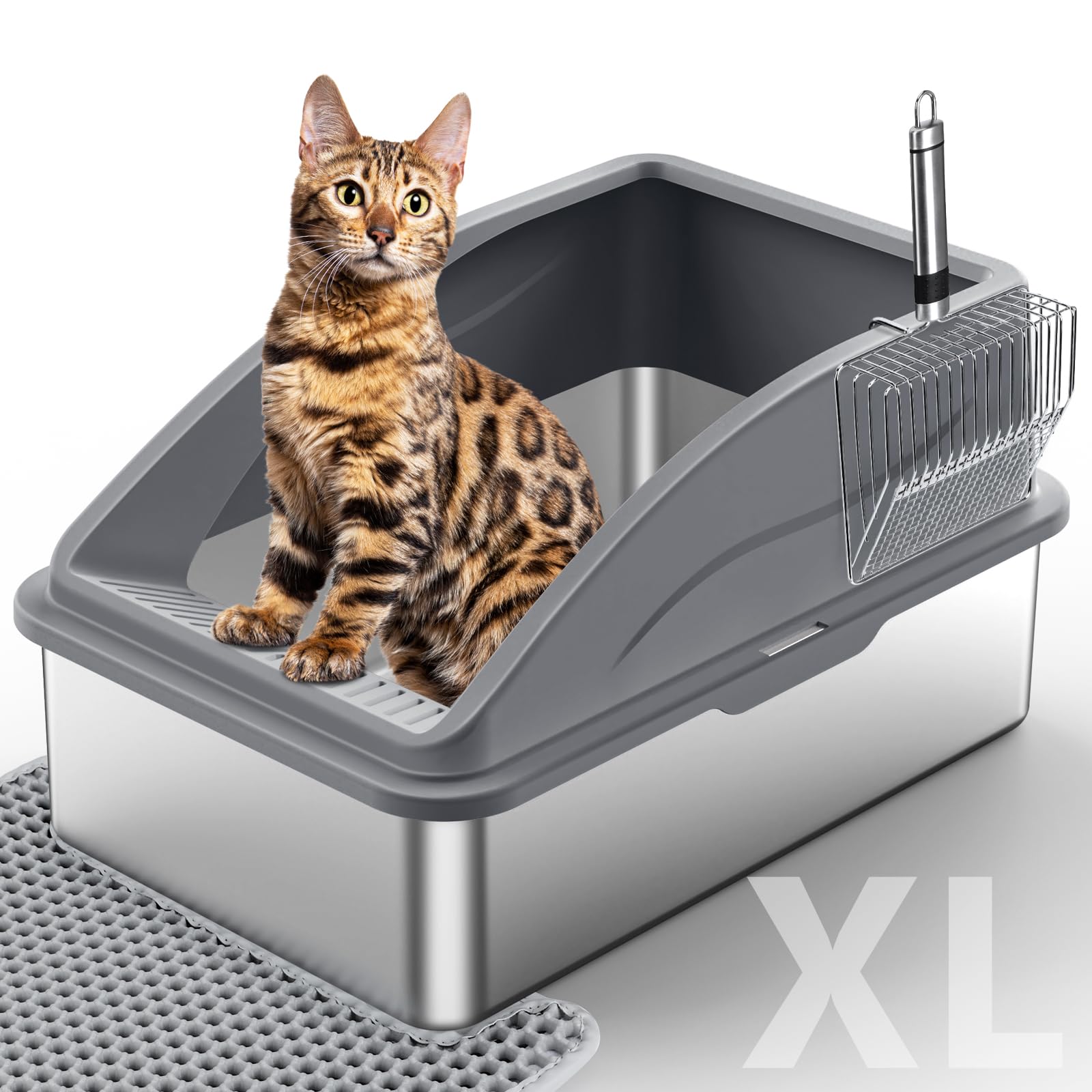 Stainless Steel Litter Box, Extra Large Litter Boxes for Big Cats, XL Metal Cat Litter Box with Lid, Anti-Urine Leakage, Non-Sticky, Include Cat Mat and Litter ScoopStainless Steel Litter Box, Extra Large Litter Boxes f…
