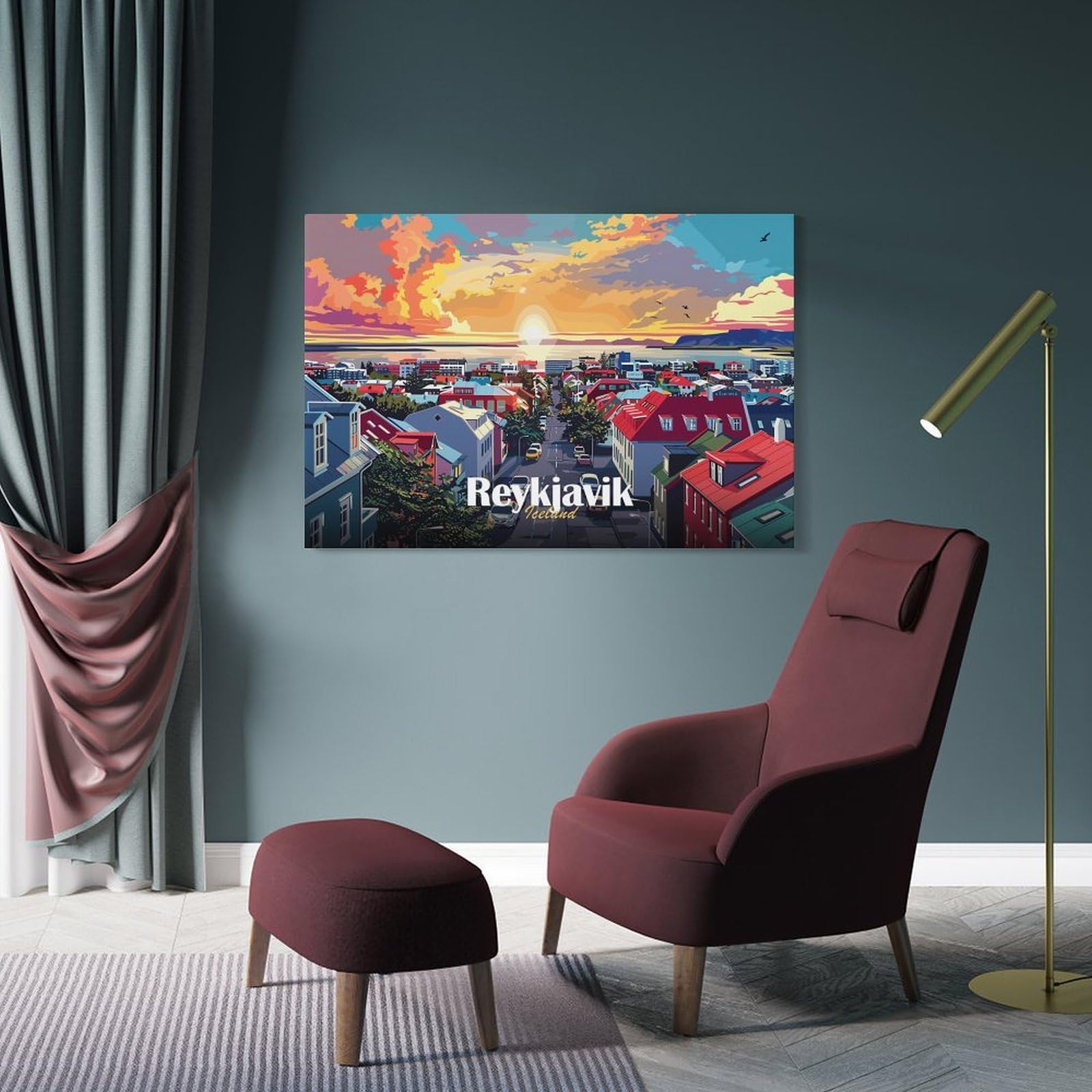 Junmoney Frame-Style-5 Decorative Wall Artwork Reykjavik Sunset Cityscape, 24X36inch(60X90cm), For New Homes, Bedrooms Or Workspaces, Canvas Artwork With Gifting Potential