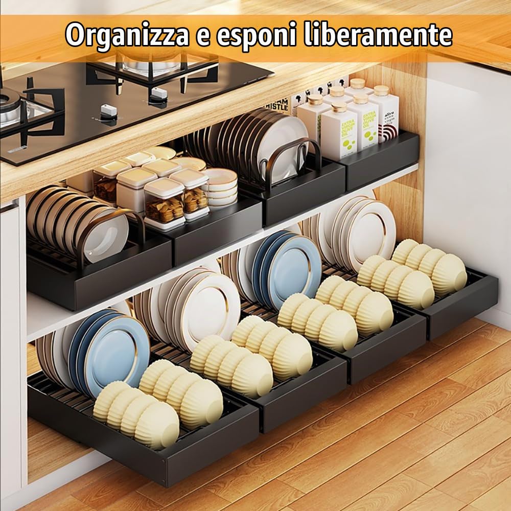 2PC Cassetti Estraibili Per Cucina,Cassetto Per Armadio In Acciaio Al Carbonio Robusto Di 42 Cm x 25 Cm x 7 Cm,Scorrevole,Con Adesivo Nano o Viti (a Scelta),Pezzi Adatto Per Cucina, Bagno e Soggiorno