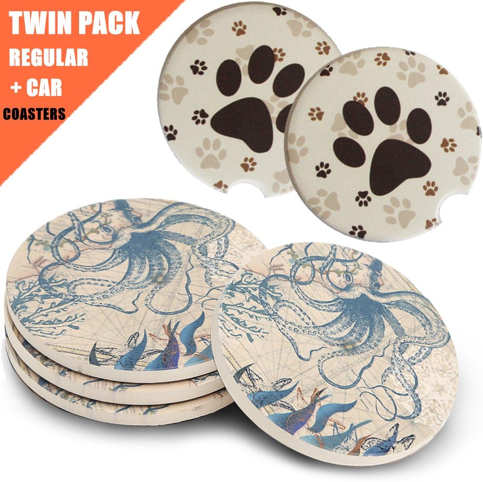 ENKORE Ceramic Coasters Twin Pack - Set of 4 Absorbent Stone Cup Mats With Cork Backing Protect Table From Water Mark,Bonus 2 Car Cup Holder Coaster Keep Your Vehicle Free From Drinks Sweat & Spillage